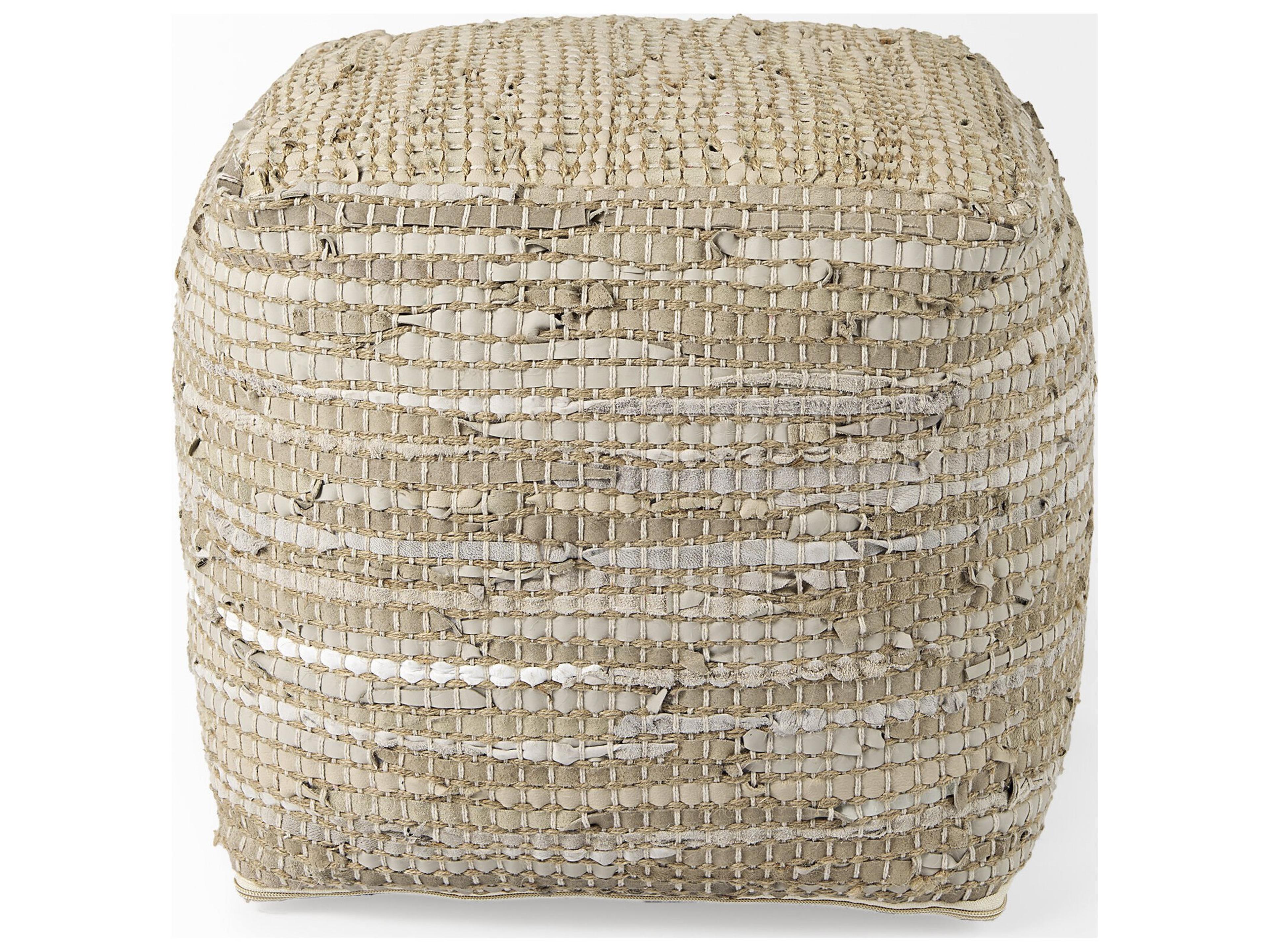 Mercana Aalia 16.0L x 16.0W x 16.0H Beige Leather and Jute Pouf