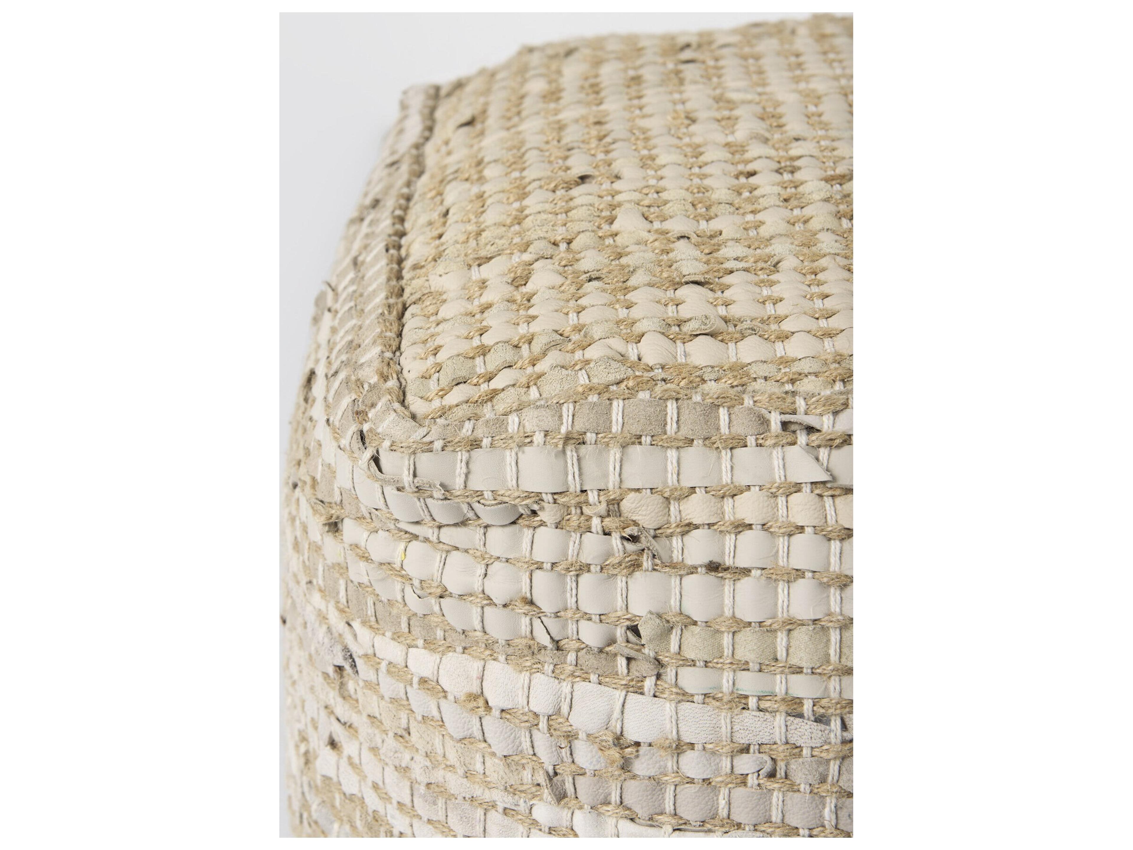 Mercana Aalia 16.0L x 16.0W x 16.0H Beige Leather and Jute Pouf