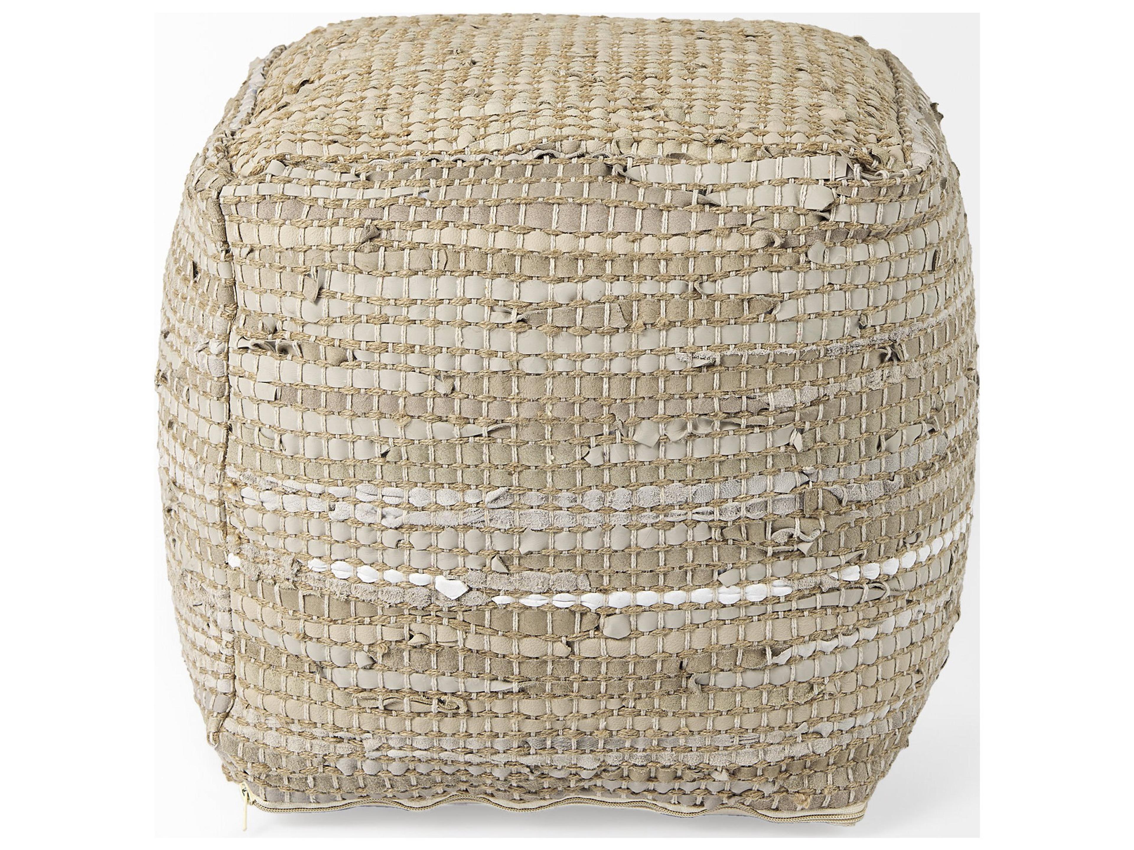 Mercana Aalia 16.0L x 16.0W x 16.0H Beige Leather and Jute Pouf