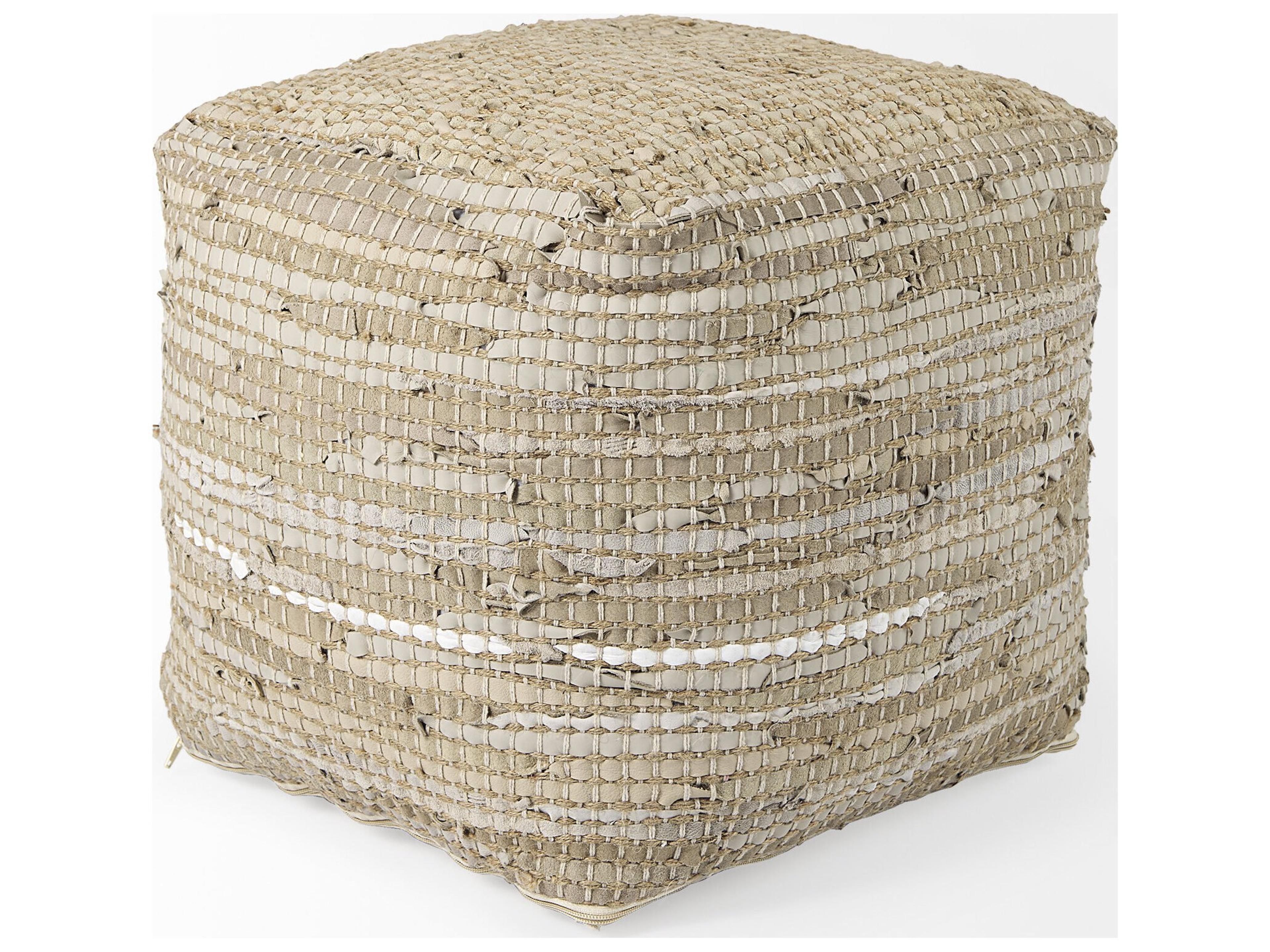 Mercana Aalia 16.0L x 16.0W x 16.0H Beige Leather and Jute Pouf