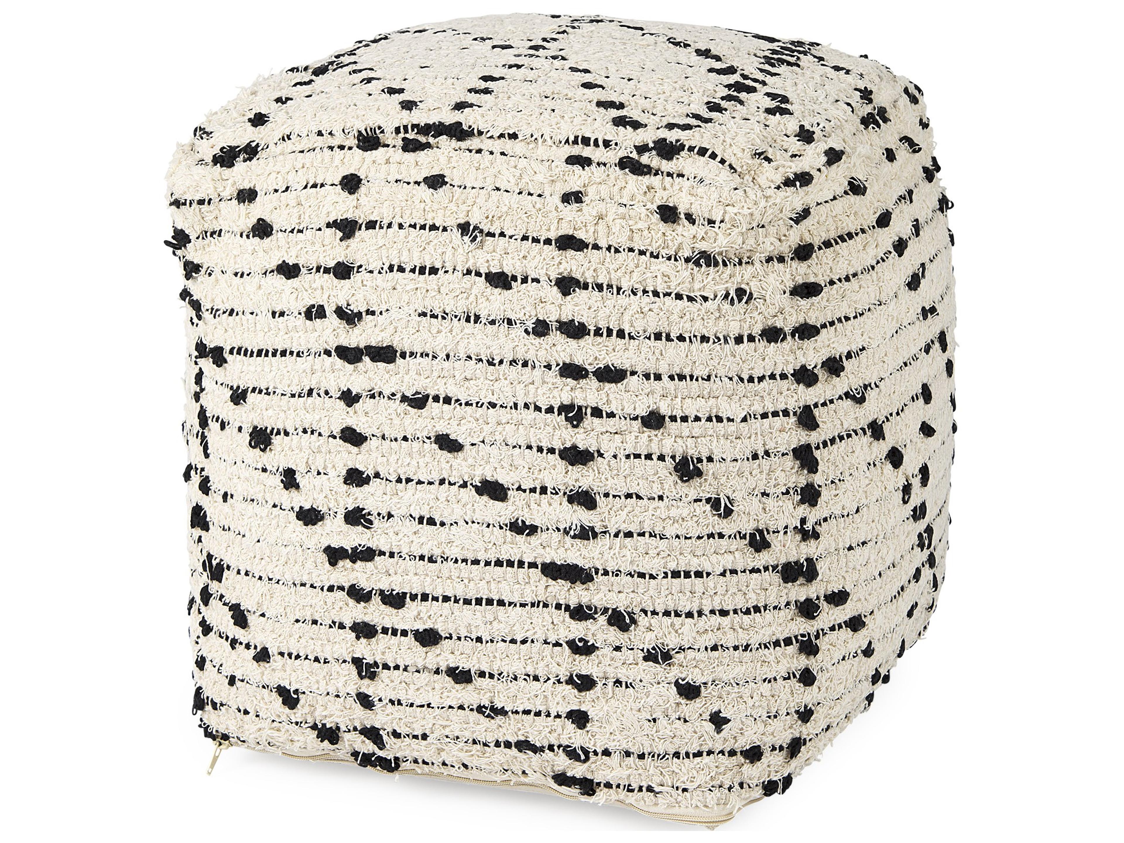 Mercana Aarohi 16.0L x 16.0W x 16.0H Cream/Black Cotton Patterned Pouf
