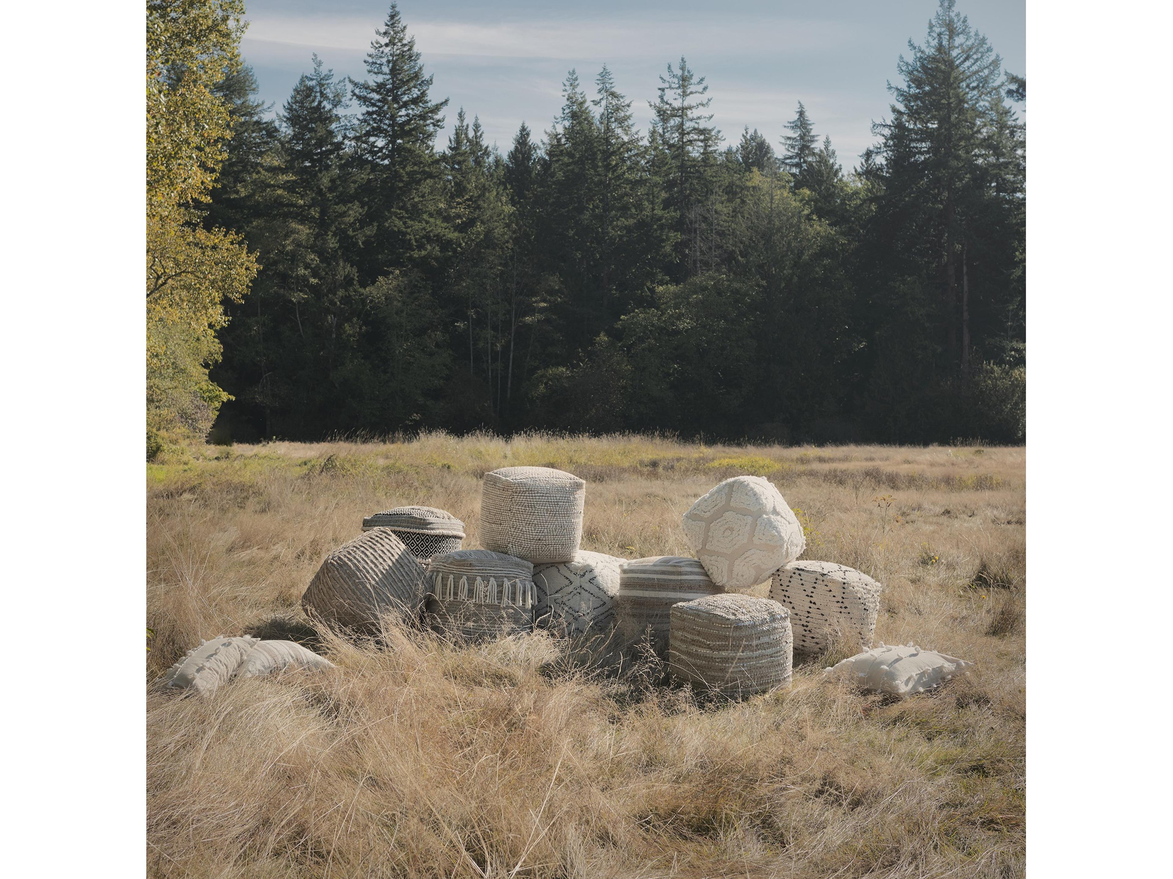 Mercana Aarohi 16.0L x 16.0W x 16.0H Cream/Black Cotton Patterned Pouf