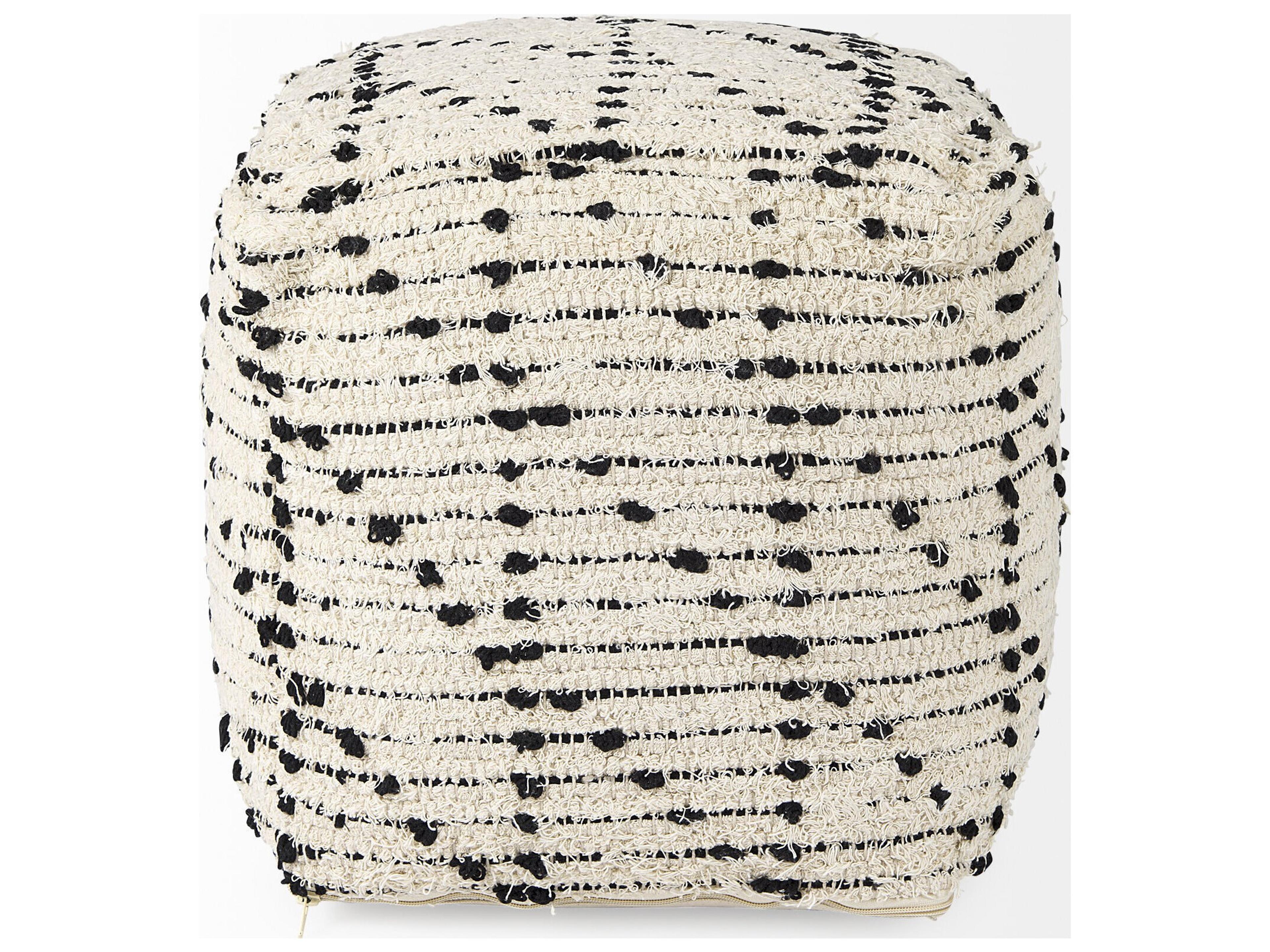 Mercana Aarohi 16.0L x 16.0W x 16.0H Cream/Black Cotton Patterned Pouf