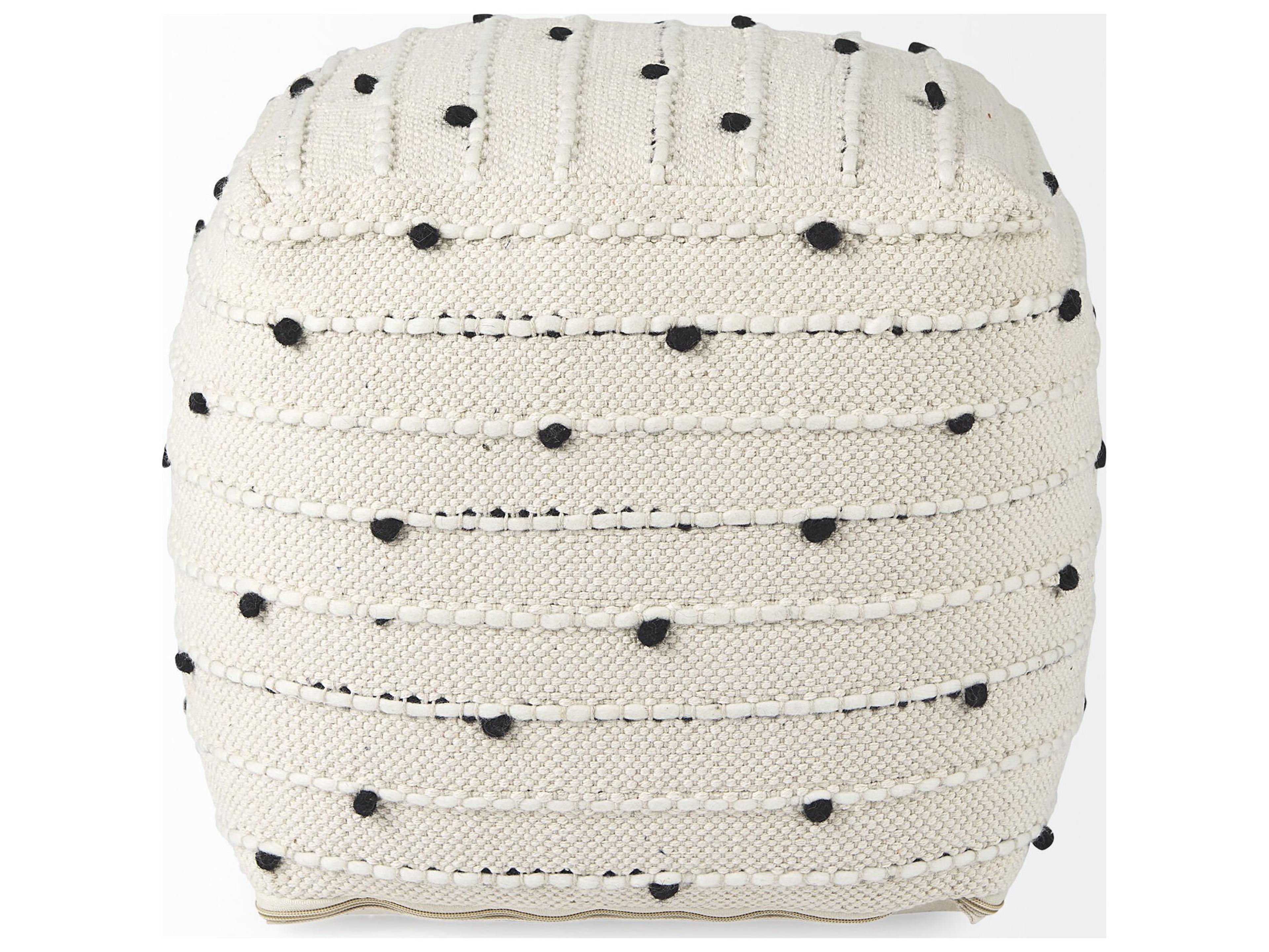 Mercana Amaira 16.0L x 16.0W x 16.0H Cream/Black/White patterned Wool and Cotton Pouf