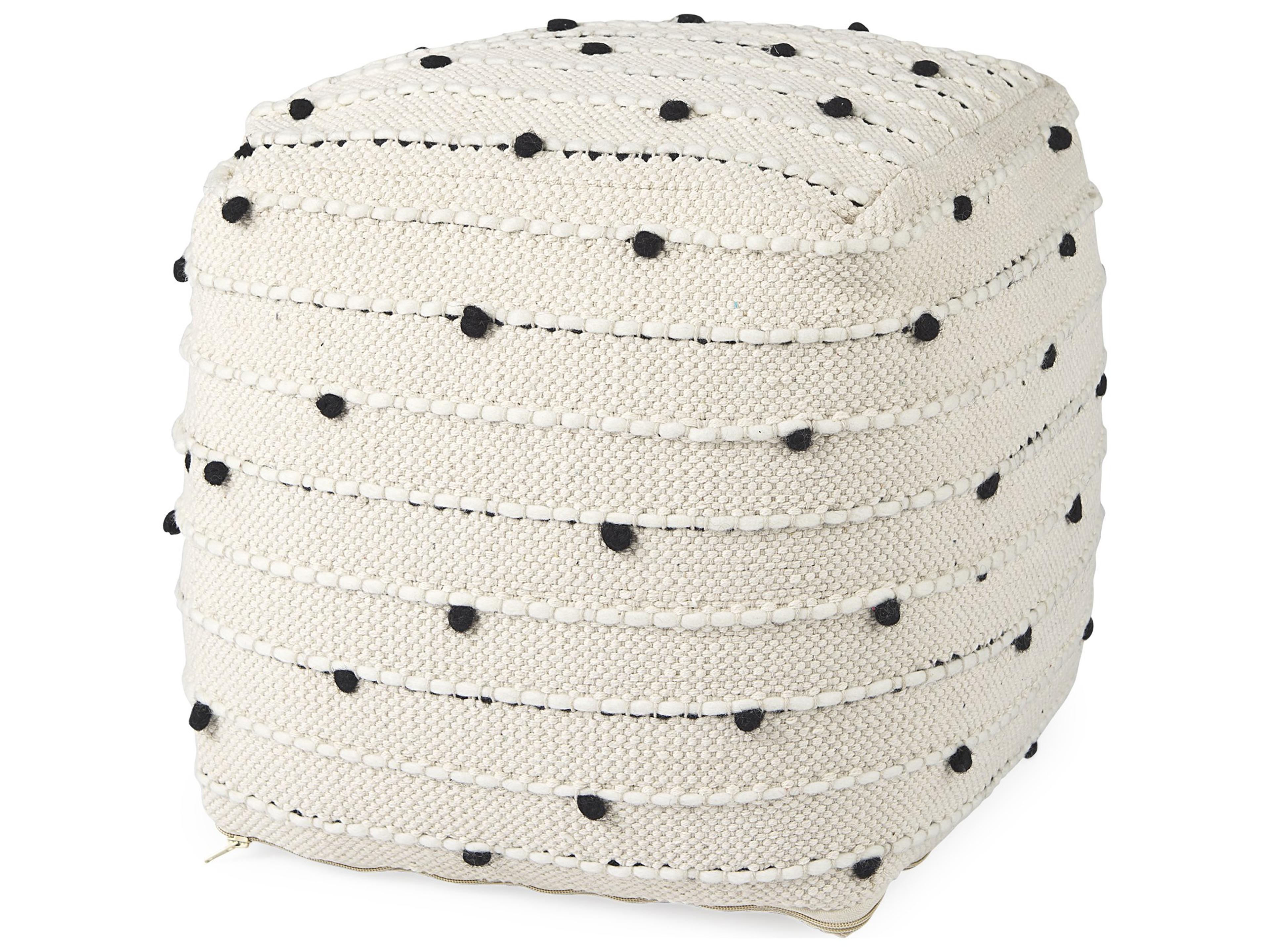 Mercana Amaira 16.0L x 16.0W x 16.0H Cream/Black/White patterned Wool and Cotton Pouf