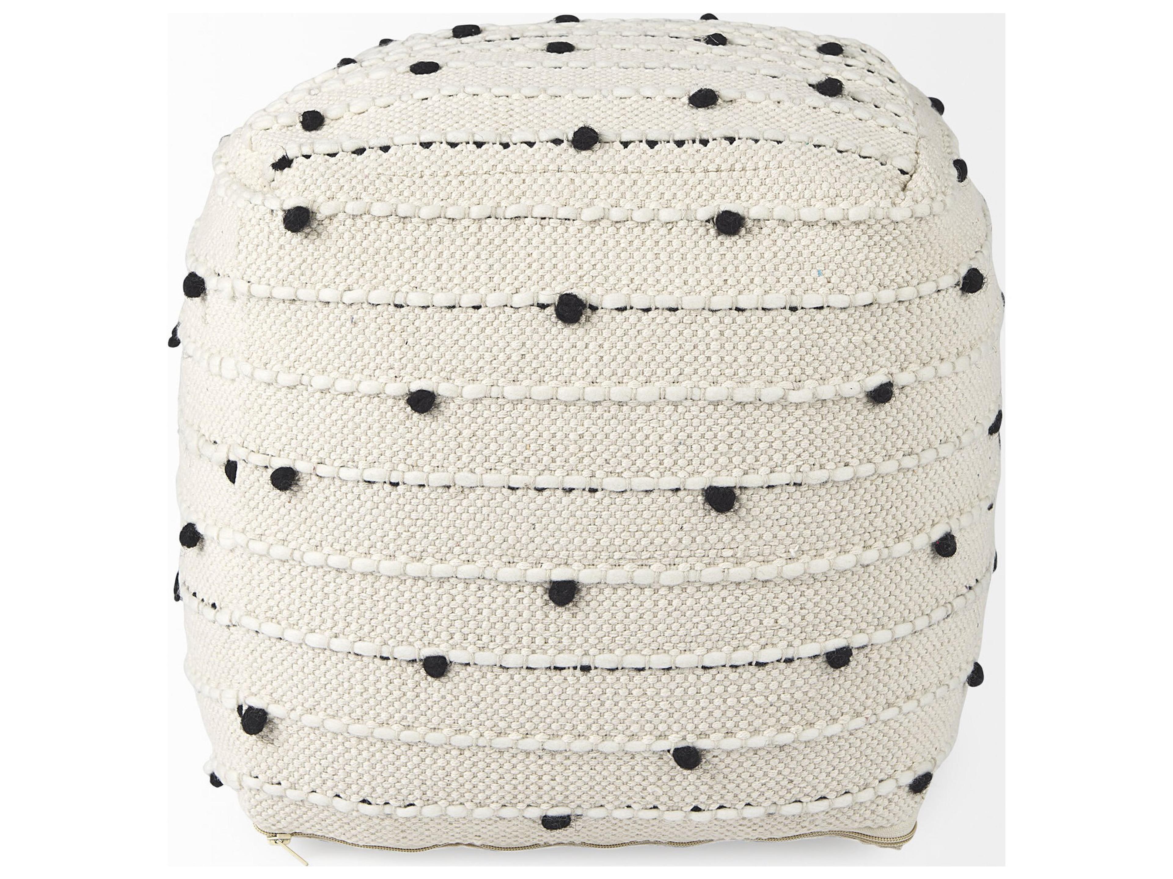 Mercana Amaira 16.0L x 16.0W x 16.0H Cream/Black/White patterned Wool and Cotton Pouf
