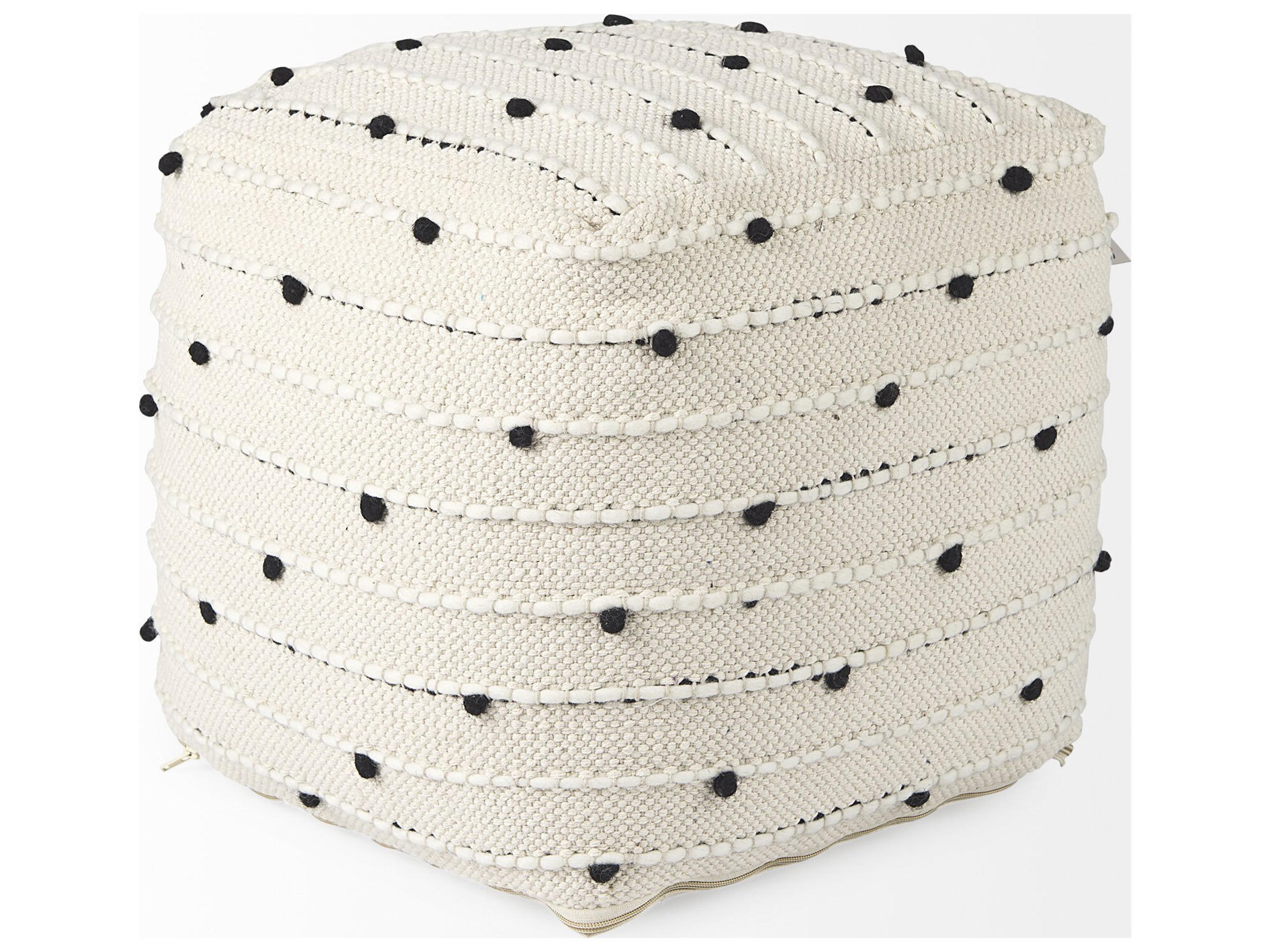 Mercana Amaira 16.0L x 16.0W x 16.0H Cream/Black/White patterned Wool and Cotton Pouf