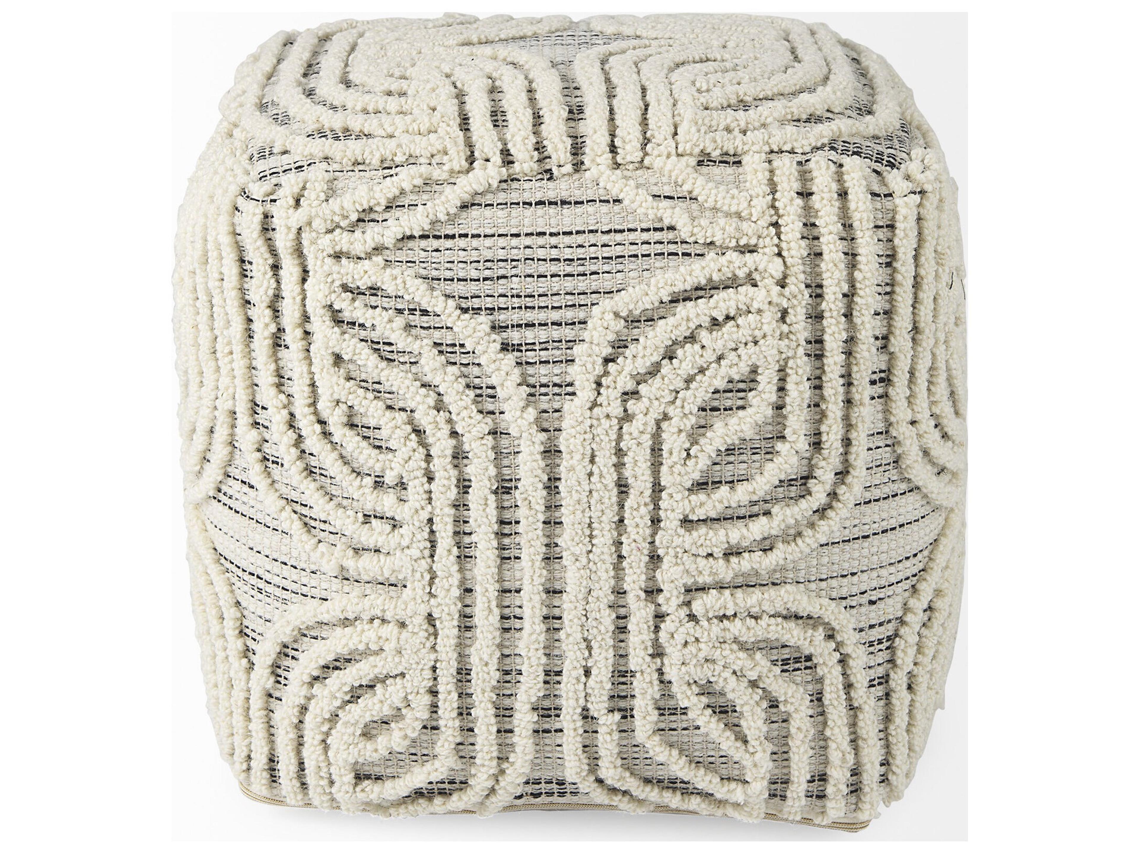 Mercana Amaya 16.0L x 16.0W x 16.0H Cream/Black/Gray Wool and Cotton Pouf