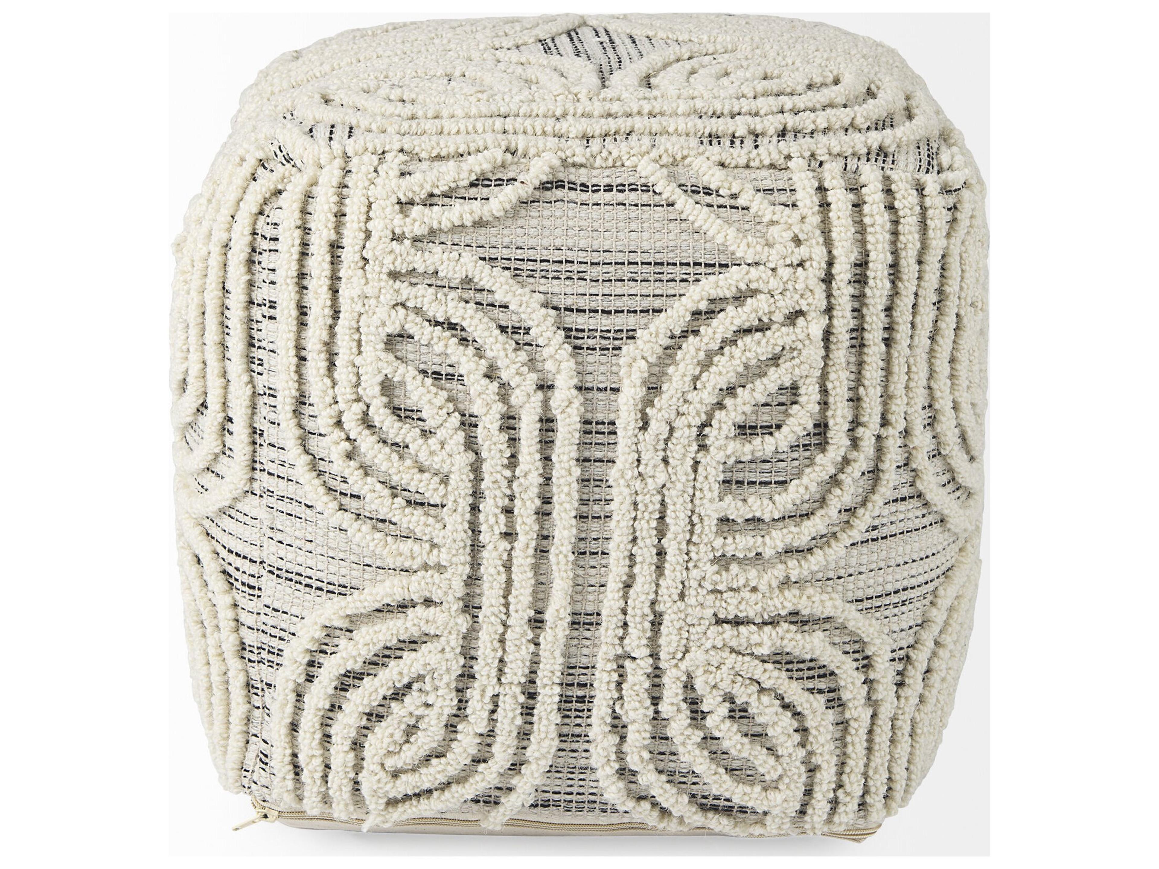 Mercana Amaya 16.0L x 16.0W x 16.0H Cream/Black/Gray Wool and Cotton Pouf