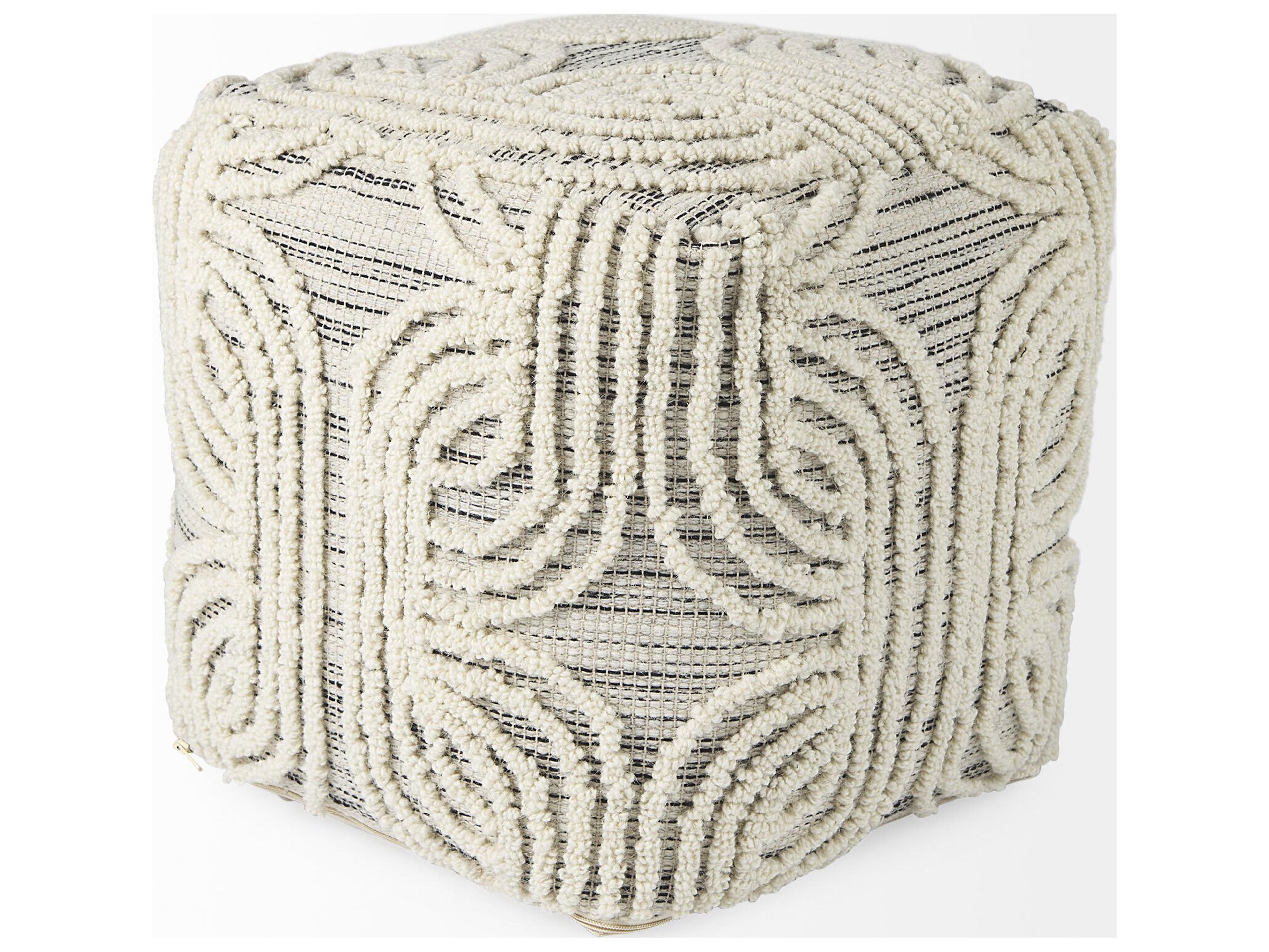 Mercana Amaya 16.0L x 16.0W x 16.0H Cream/Black/Gray Wool and Cotton Pouf