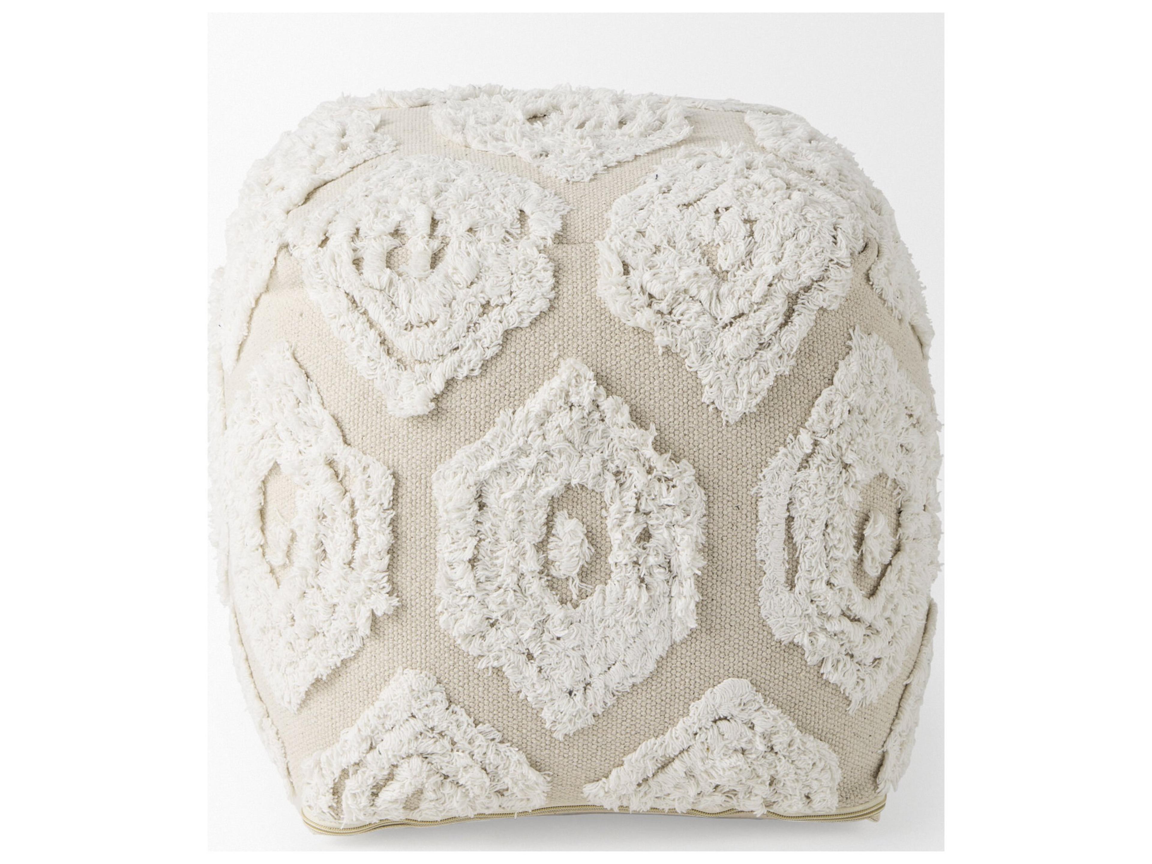Mercana Ekanta 16.0L x 16.0W x 16.0H  Cream/Beige Patterned Cotton Pouf