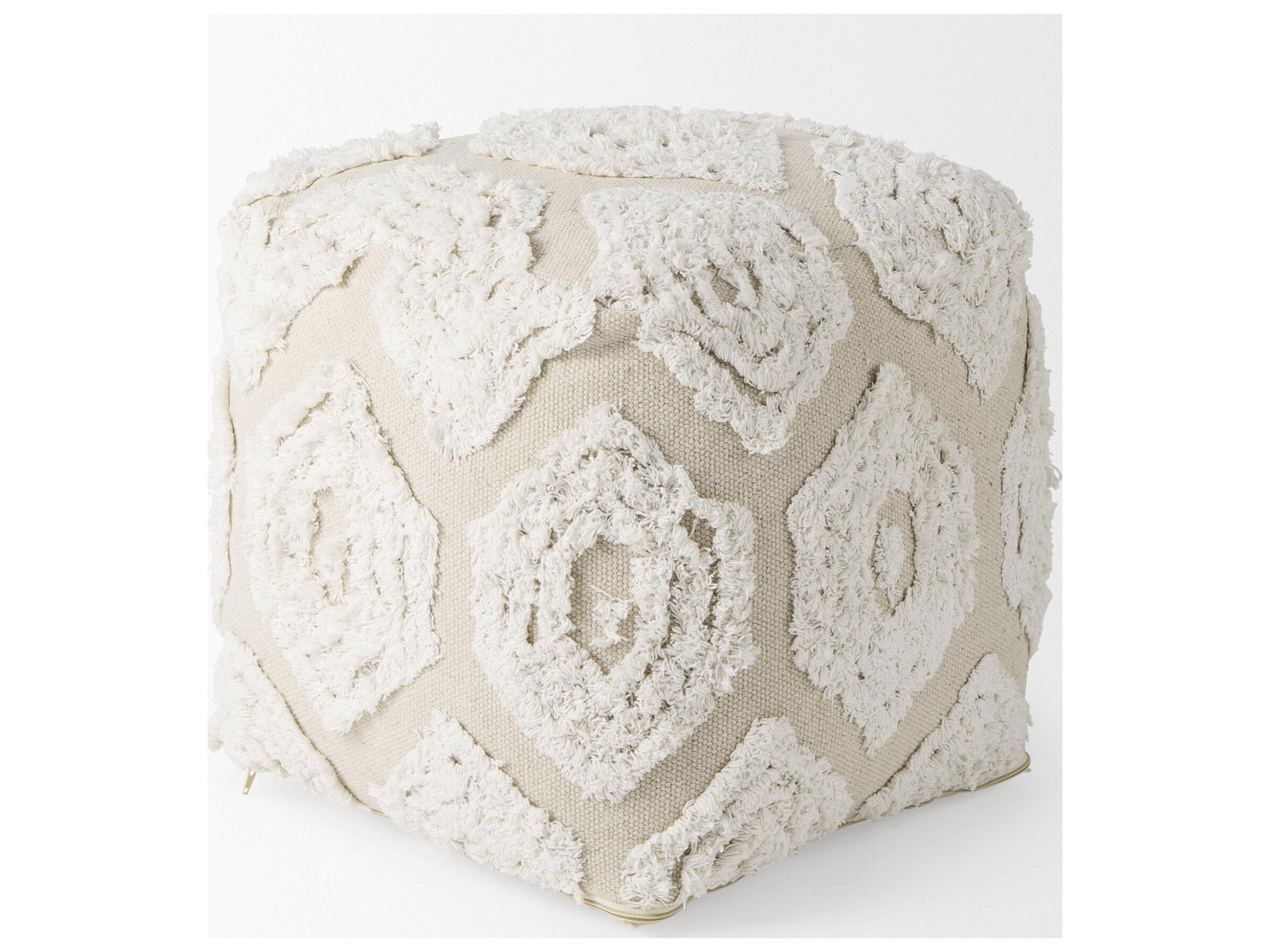 Mercana Ekanta 16.0L x 16.0W x 16.0H  Cream/Beige Patterned Cotton Pouf