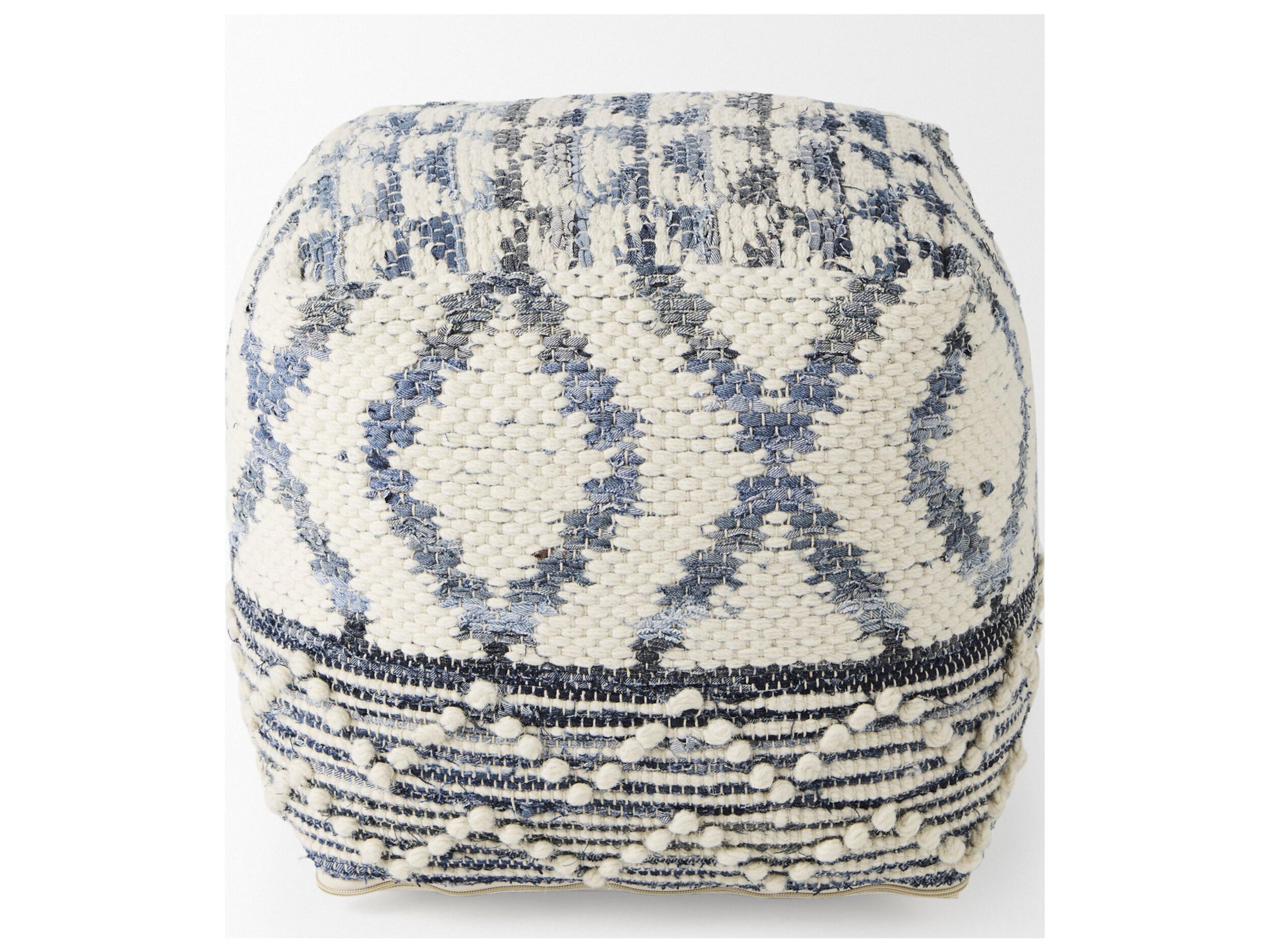 Mercana Eshana 16.0L x 16.0W x 16.0H Cream Wool and Denim Patterned Pouf
