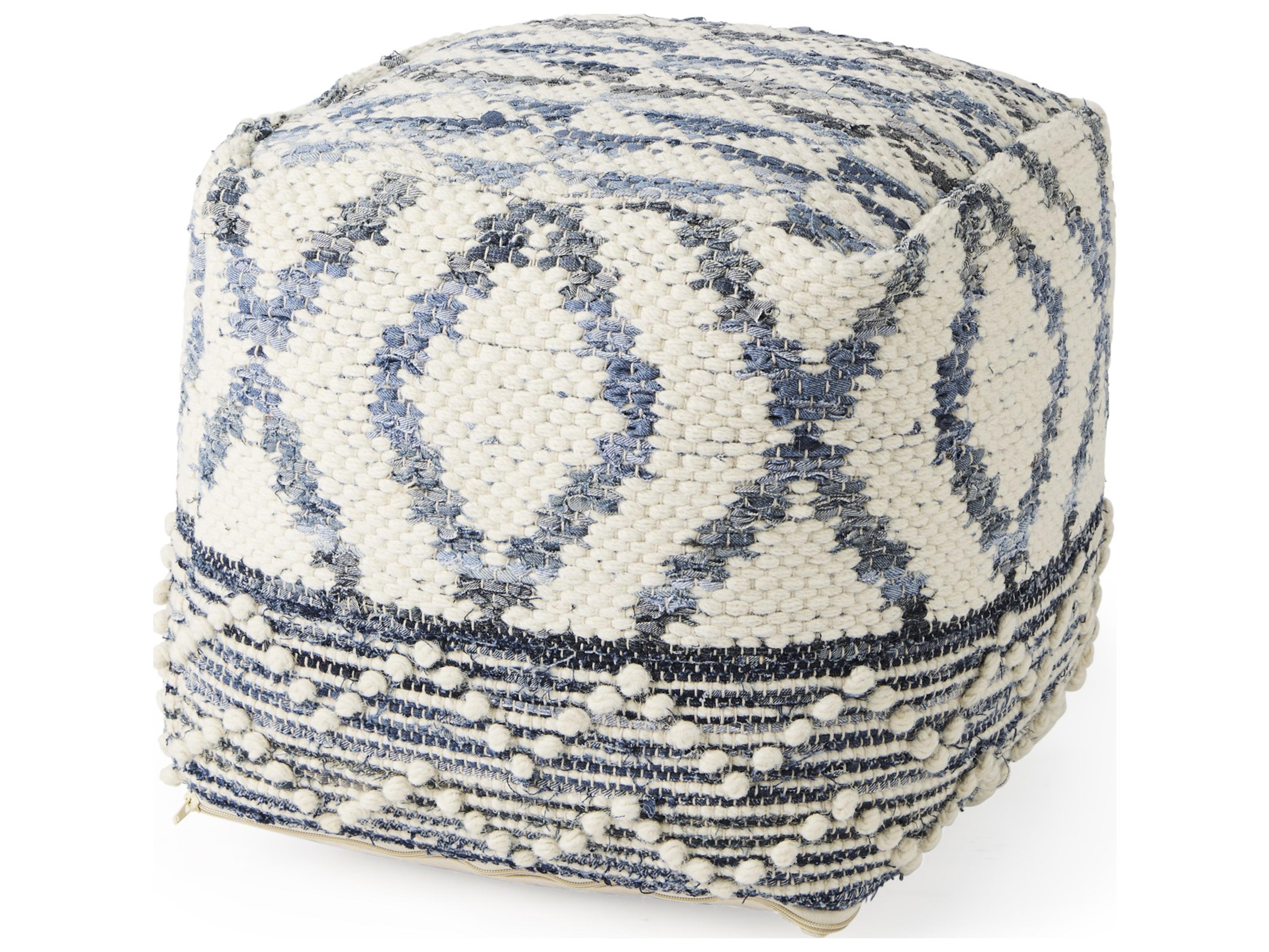 Mercana Eshana 16.0L x 16.0W x 16.0H Cream Wool and Denim Patterned Pouf