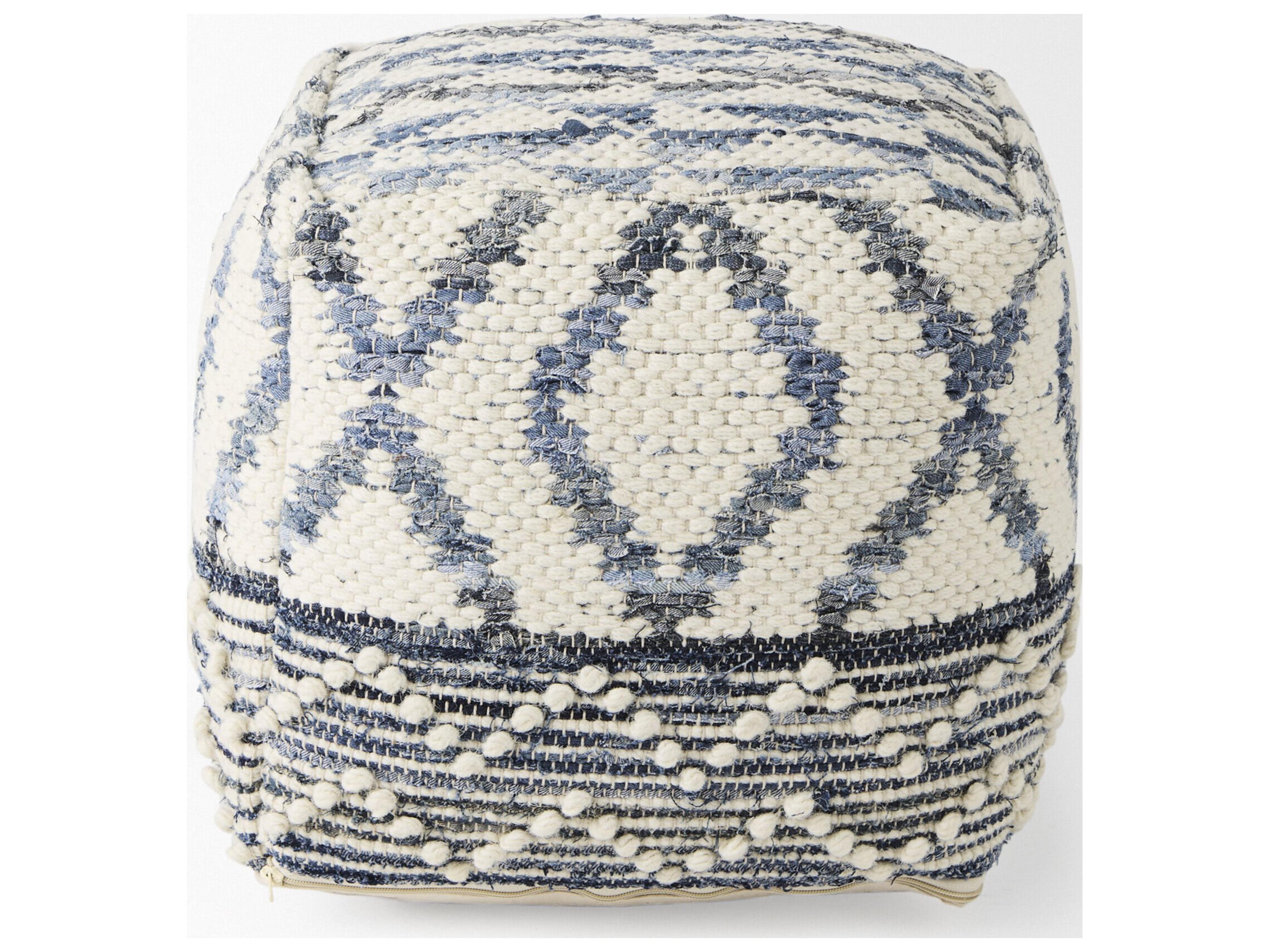 Mercana Eshana 16.0L x 16.0W x 16.0H Cream Wool and Denim Patterned Pouf