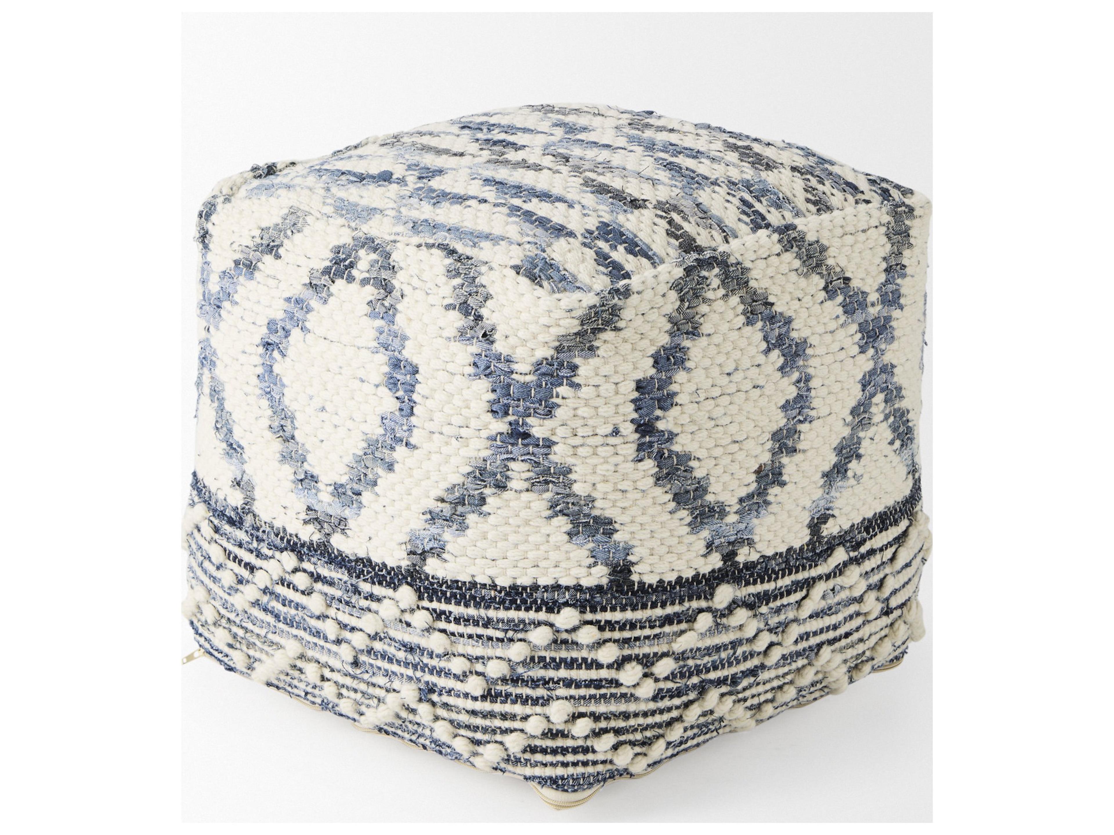 Mercana Eshana 16.0L x 16.0W x 16.0H Cream Wool and Denim Patterned Pouf