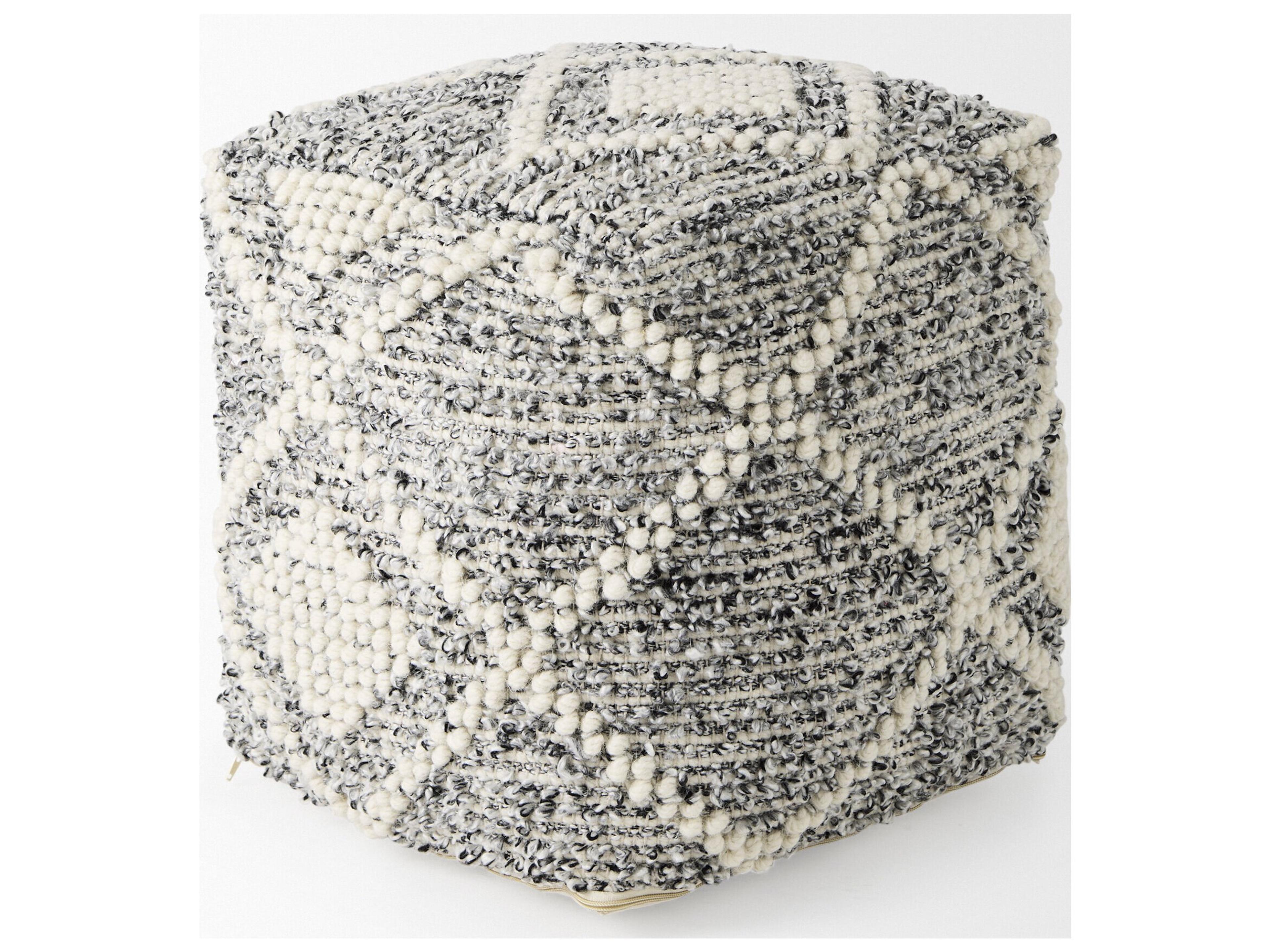 Mercana Ekiya  16.0L x 16.0W x 16.0H Black/White Yarn and Wool Patterened Pouf