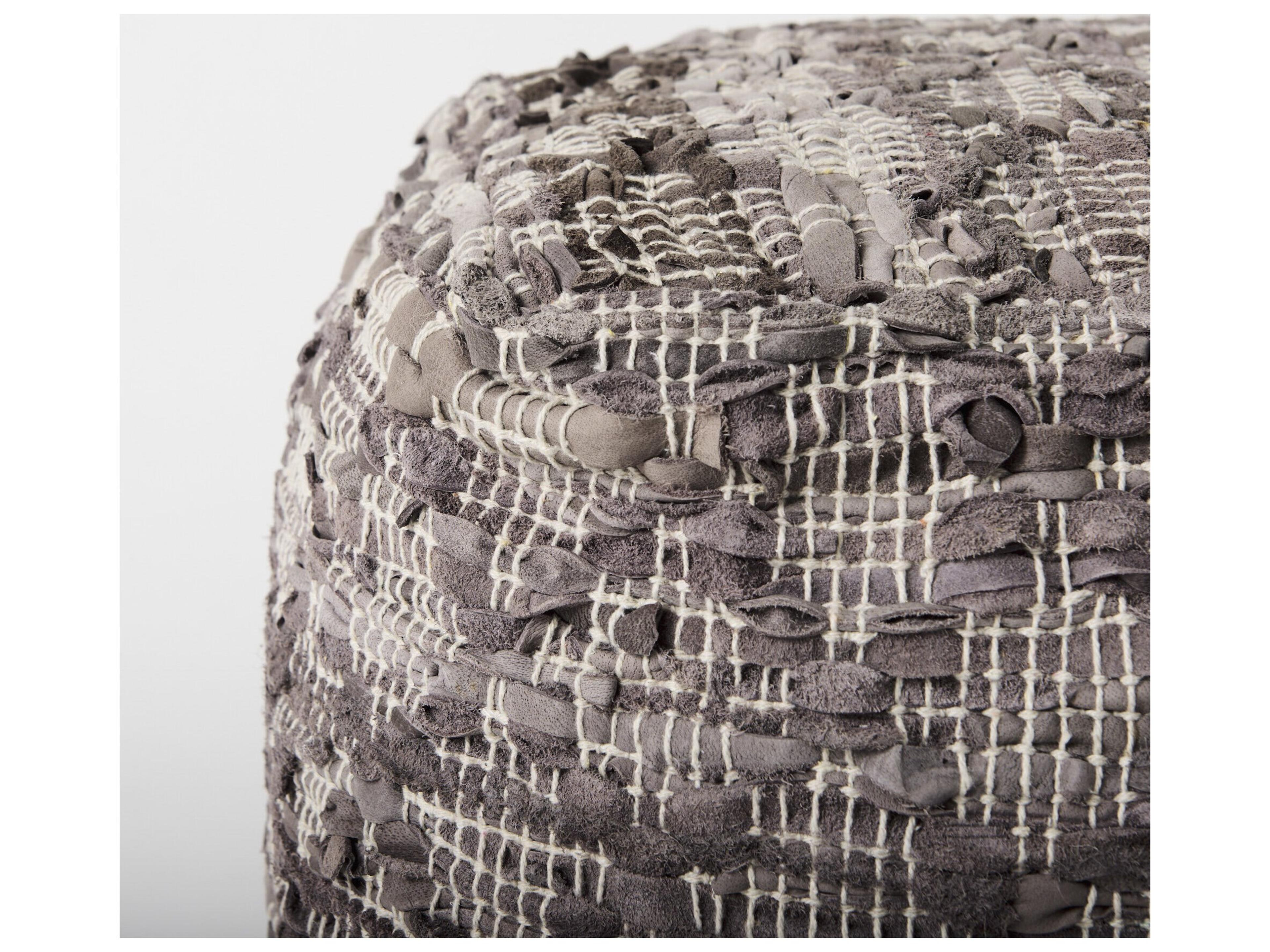 Mercana Falguni 16.0L x 16.0W x 16.0H Gray Leather and Cotton Patterned Pouf