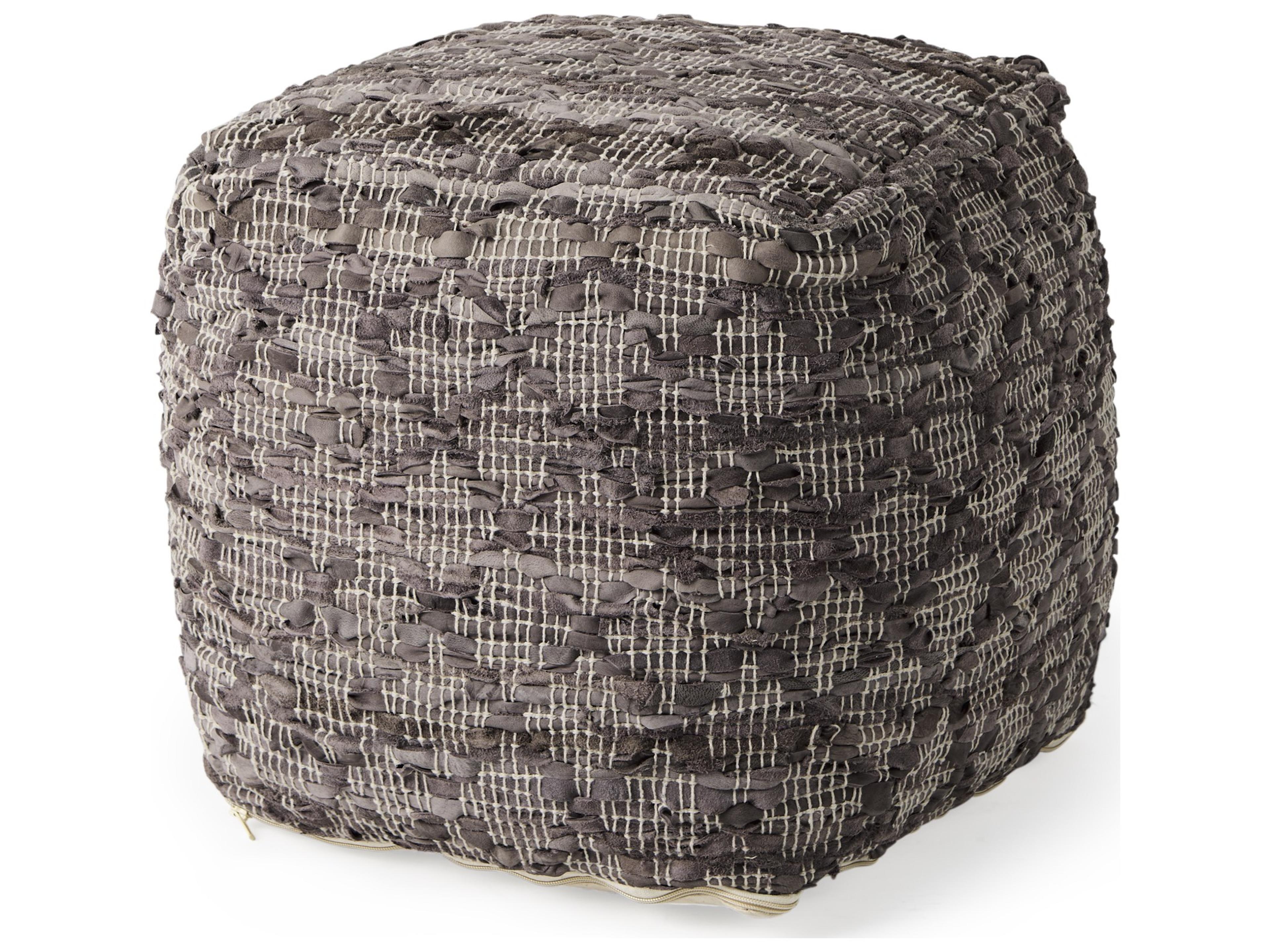 Mercana Falguni 16.0L x 16.0W x 16.0H Gray Leather and Cotton Patterned Pouf
