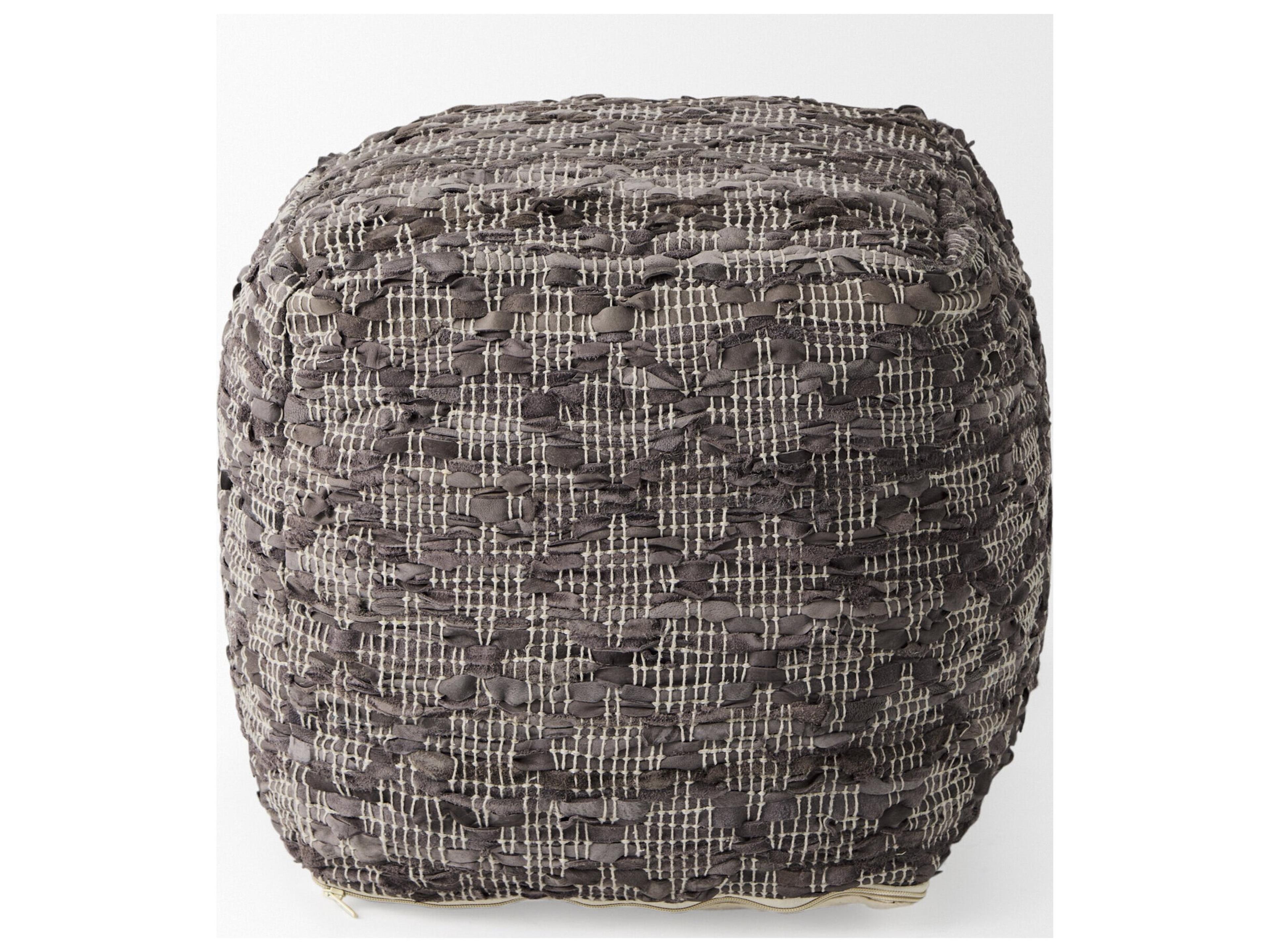 Mercana Falguni 16.0L x 16.0W x 16.0H Gray Leather and Cotton Patterned Pouf