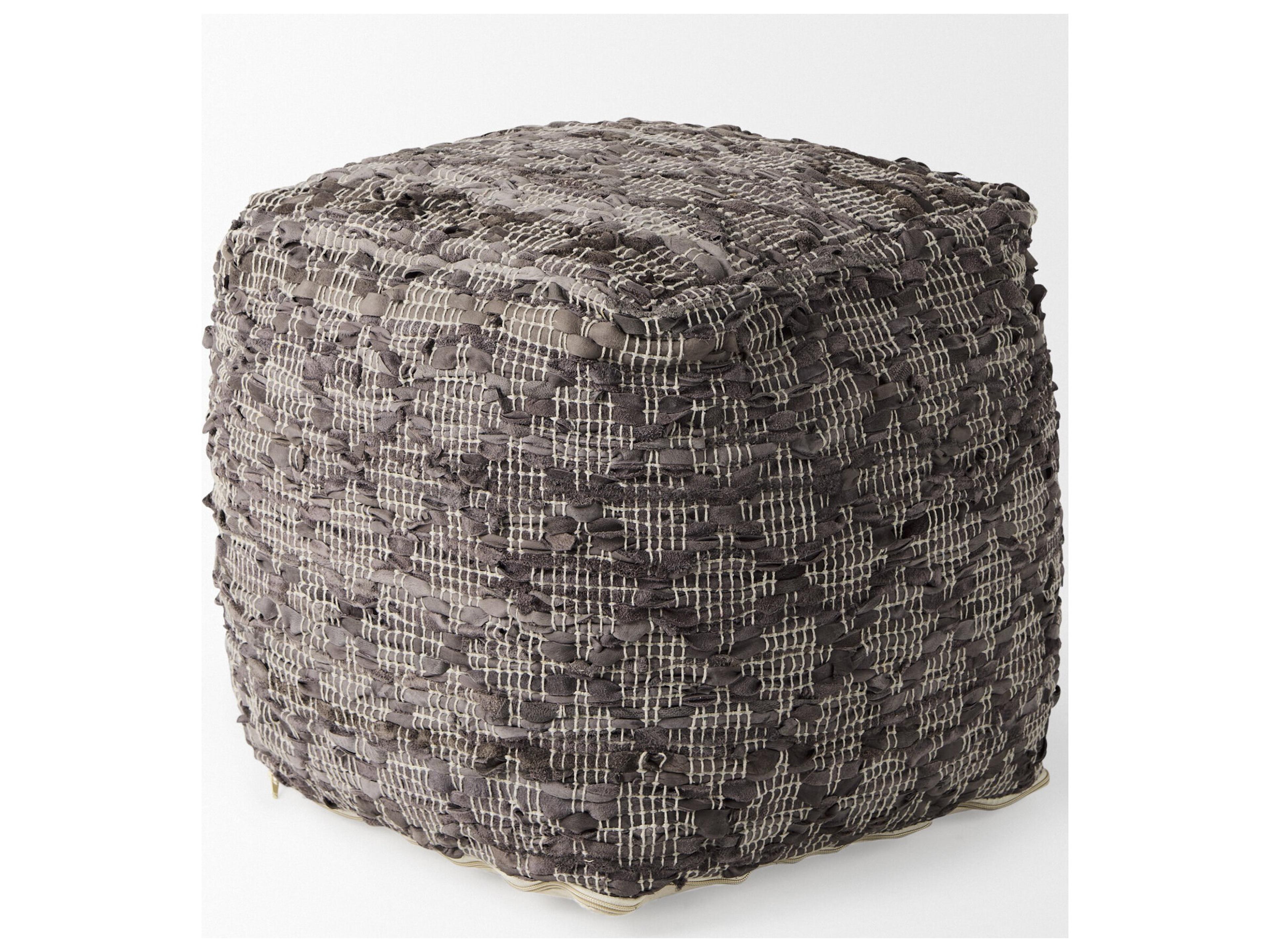 Mercana Falguni 16.0L x 16.0W x 16.0H Gray Leather and Cotton Patterned Pouf