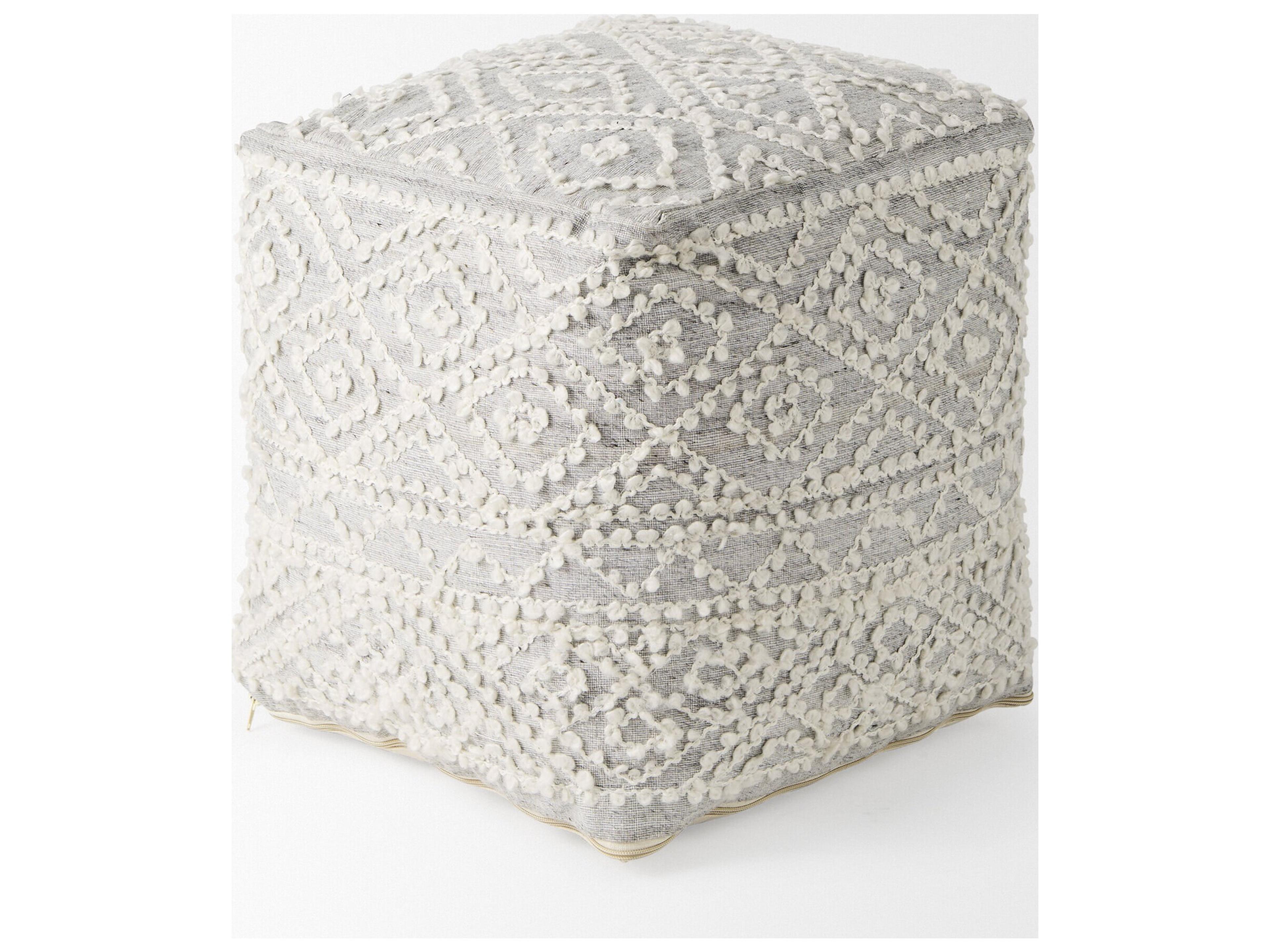 Mercana Farida 6.0L x 16.0W x 16.0H Light Gray Wool and Polyester Patterned Pouf