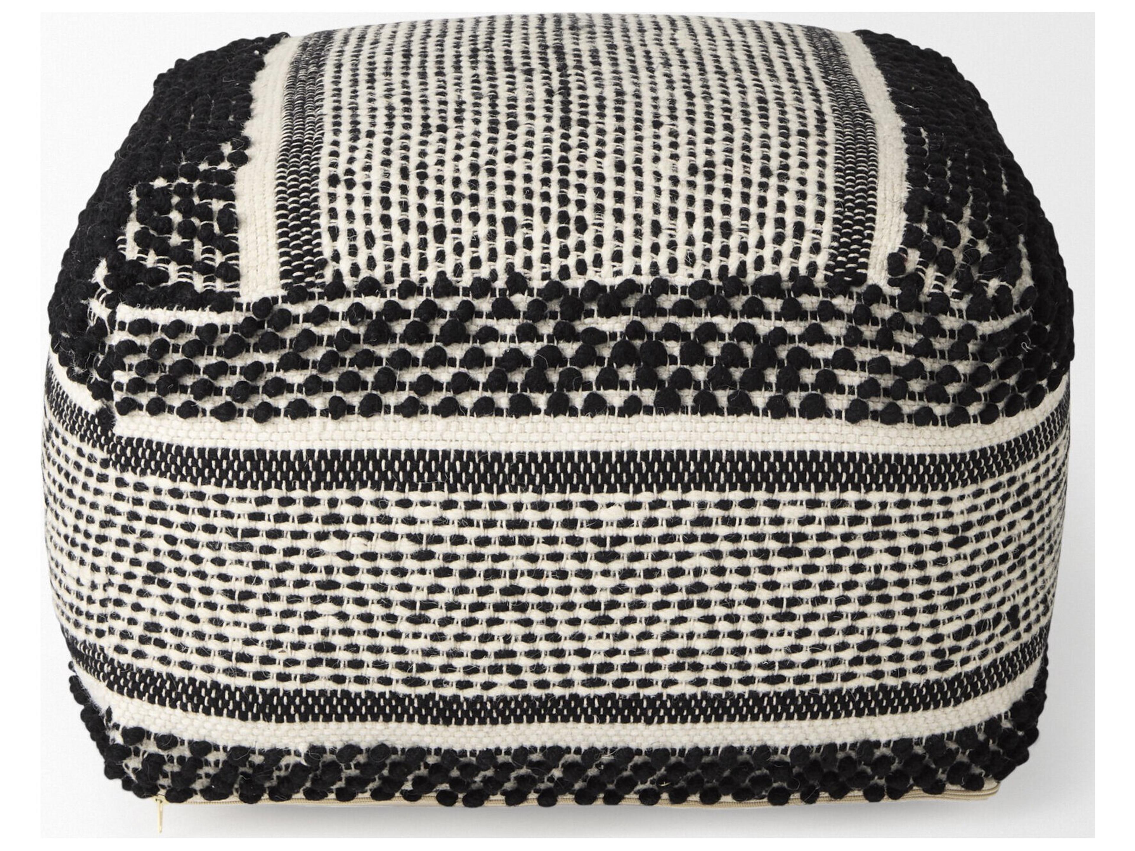 Mercana Garima  22.0L x 22.0W x 14.0H Black/White Wool and Cotton Patterned Pouf