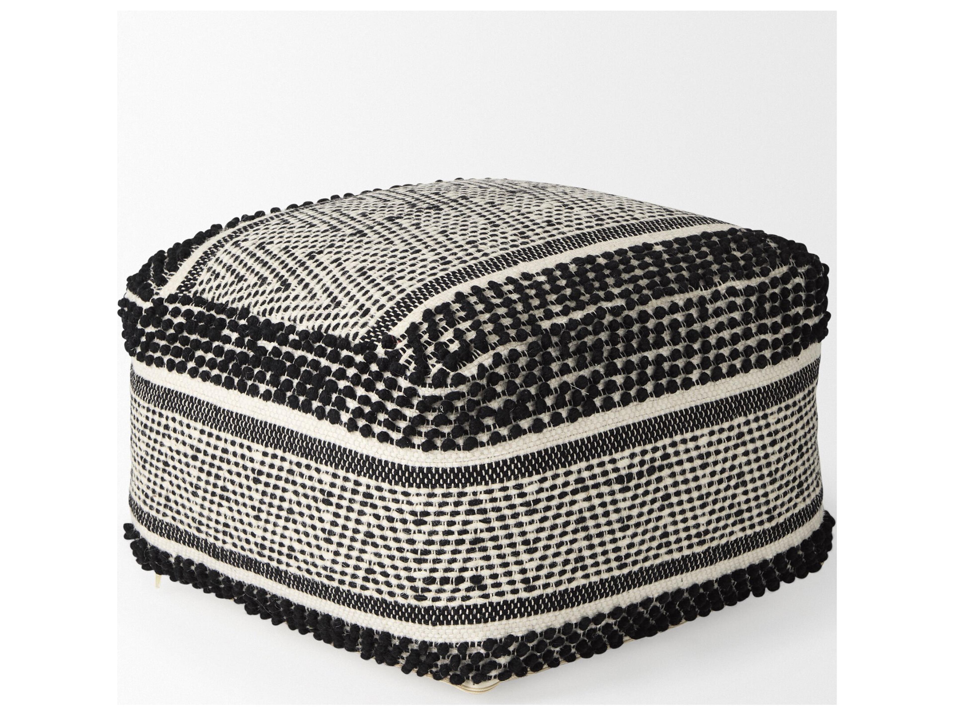 Mercana Garima  22.0L x 22.0W x 14.0H Black/White Wool and Cotton Patterned Pouf