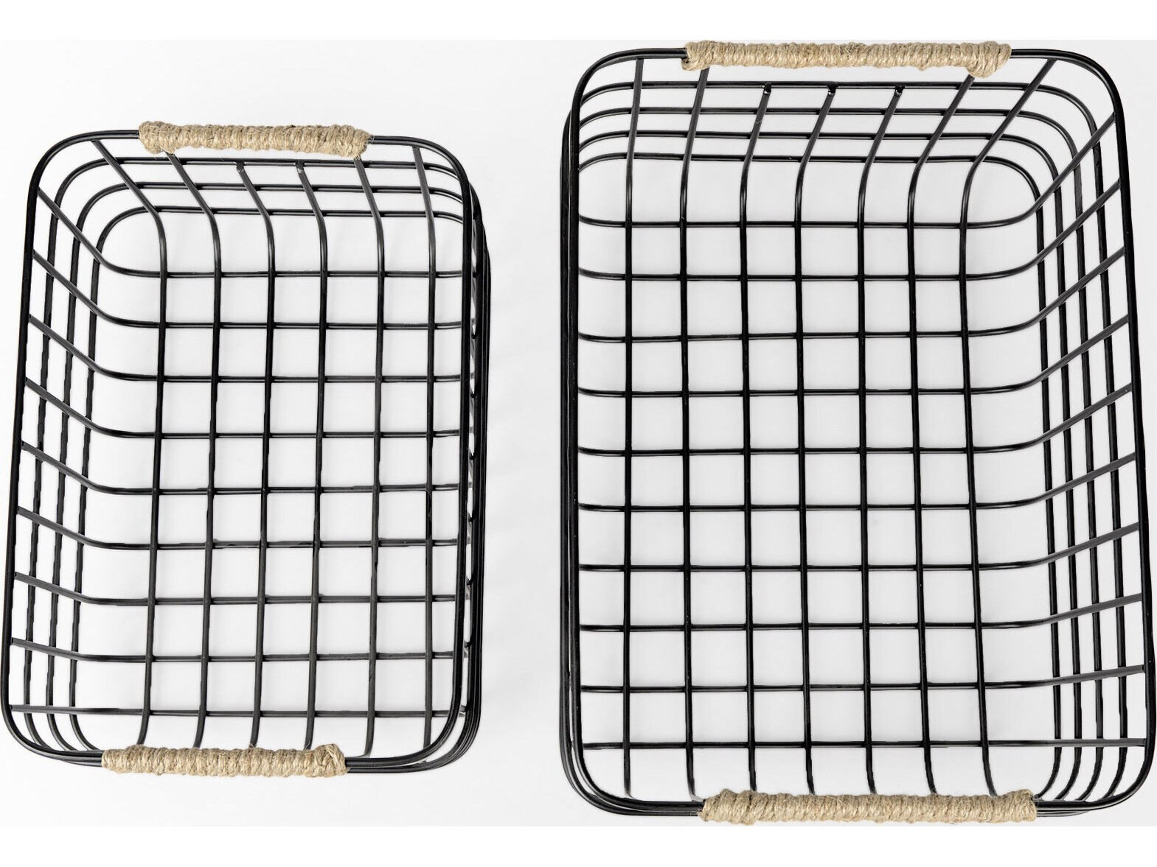 Mercana Marius 20.9L x 15.2W x 12.2 Set of Two Matte Black Metal W/ Rope Trim Rectangular Baskets