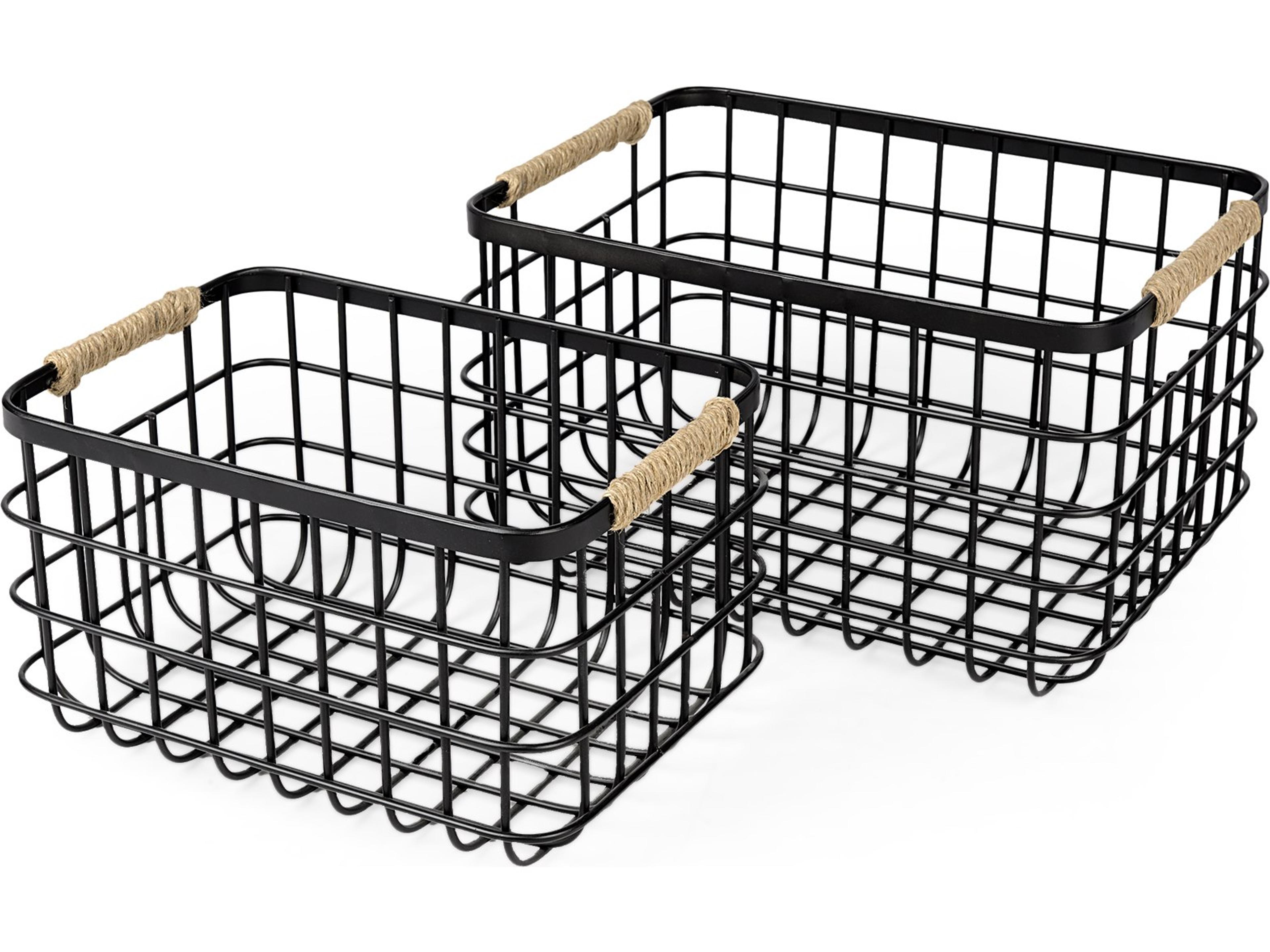 Mercana Marius 20.9L x 15.2W x 12.2 Set of Two Matte Black Metal W/ Rope Trim Rectangular Baskets