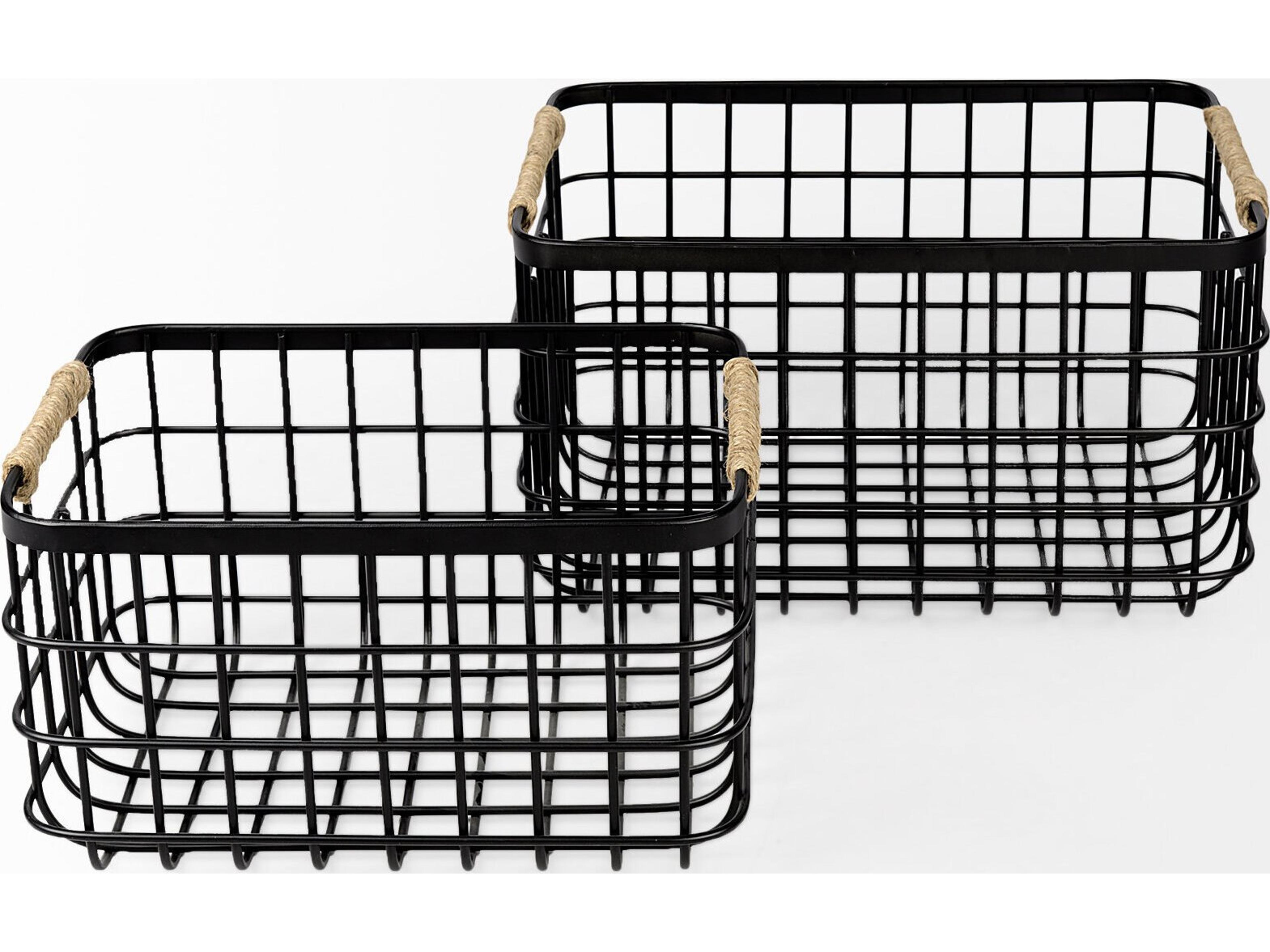Mercana Marius 20.9L x 15.2W x 12.2 Set of Two Matte Black Metal W/ Rope Trim Rectangular Baskets