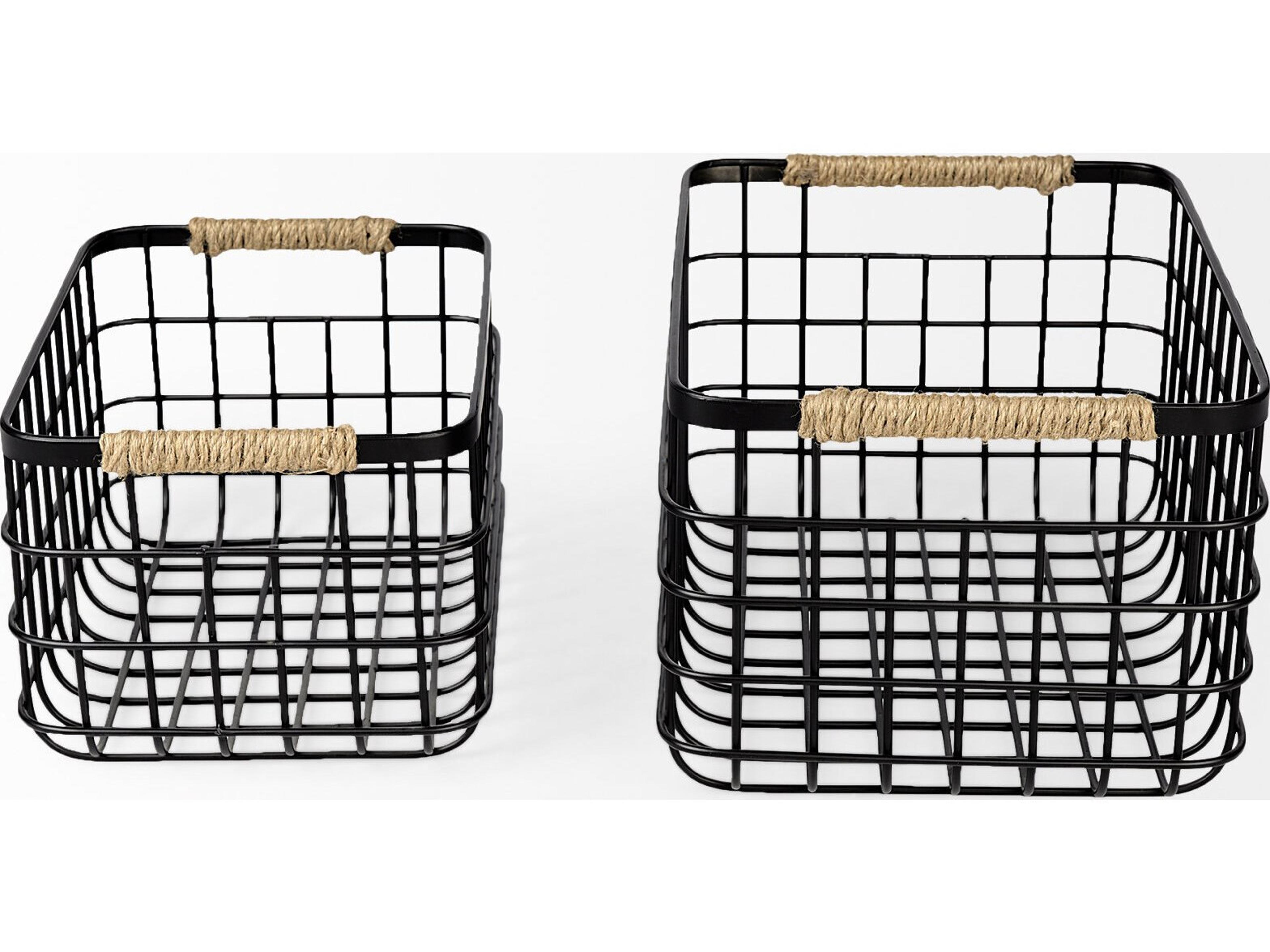 Mercana Marius 20.9L x 15.2W x 12.2 Set of Two Matte Black Metal W/ Rope Trim Rectangular Baskets
