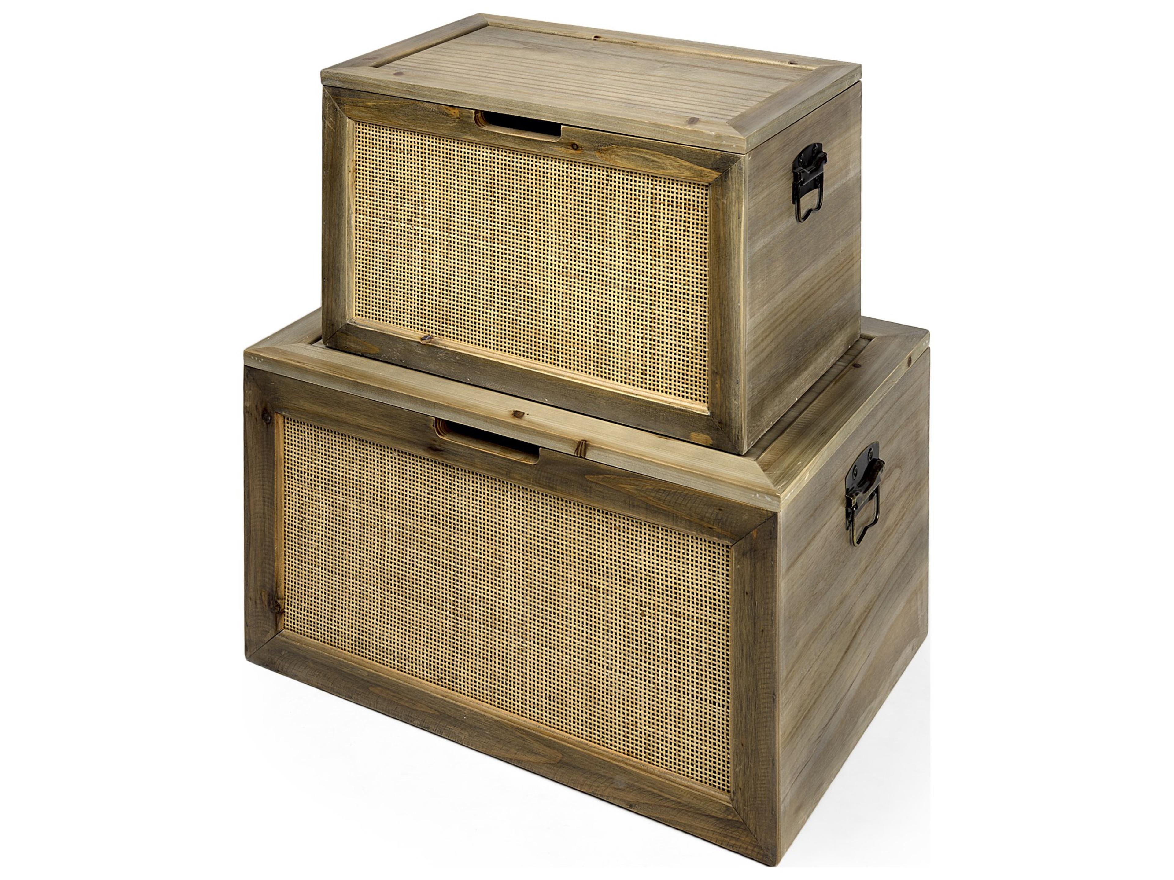Sonny 23.6L x 15.7W x 13.8H Set of Two Brown Wood and Wicker W/ Metal Detail Rectangular Boxes