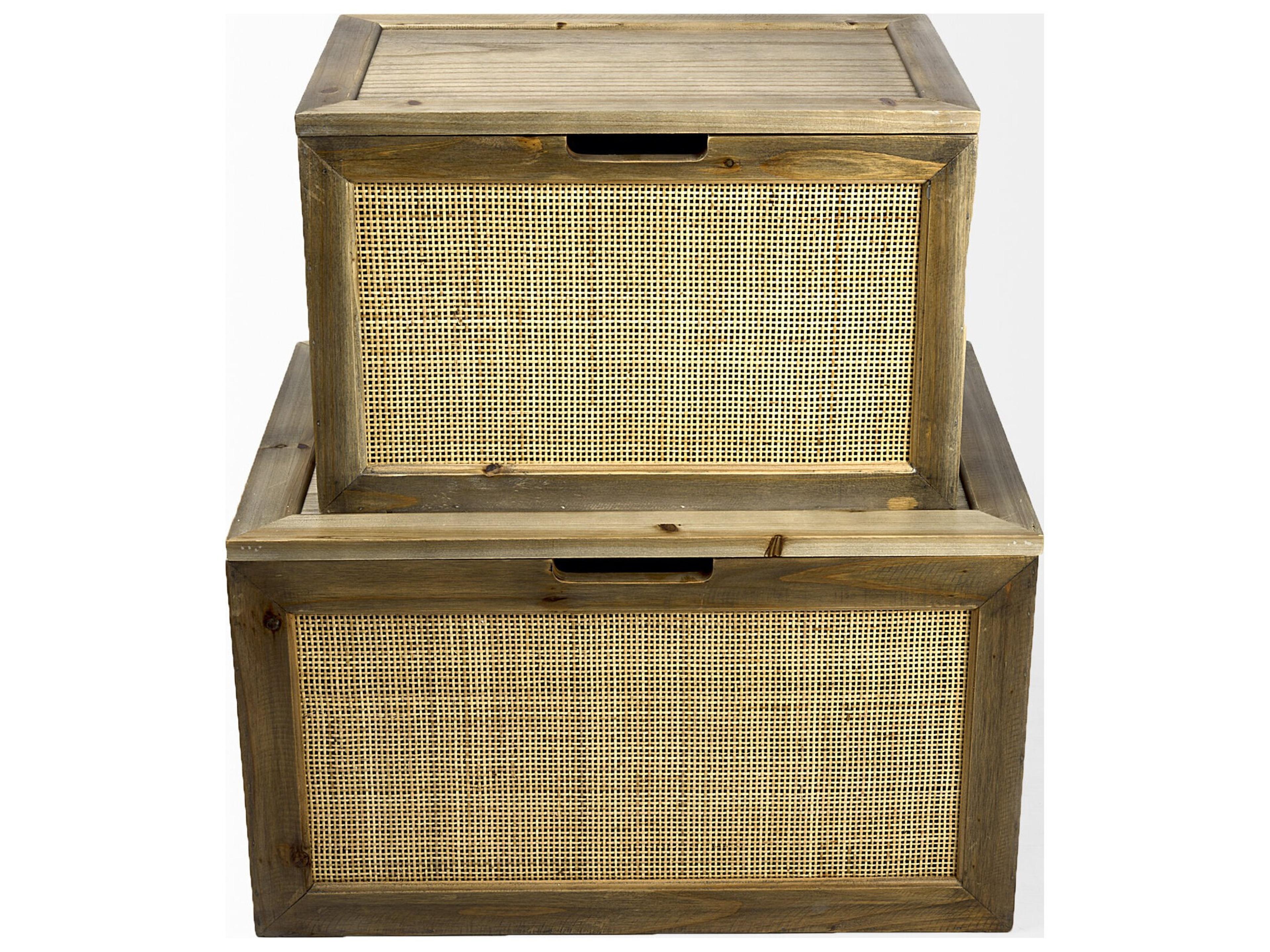 Mercana Sonny 23.6L x 15.7W x 13.8H Set of Two Brown Wood and Wicker W/ Metal Detail Rectangular Boxes