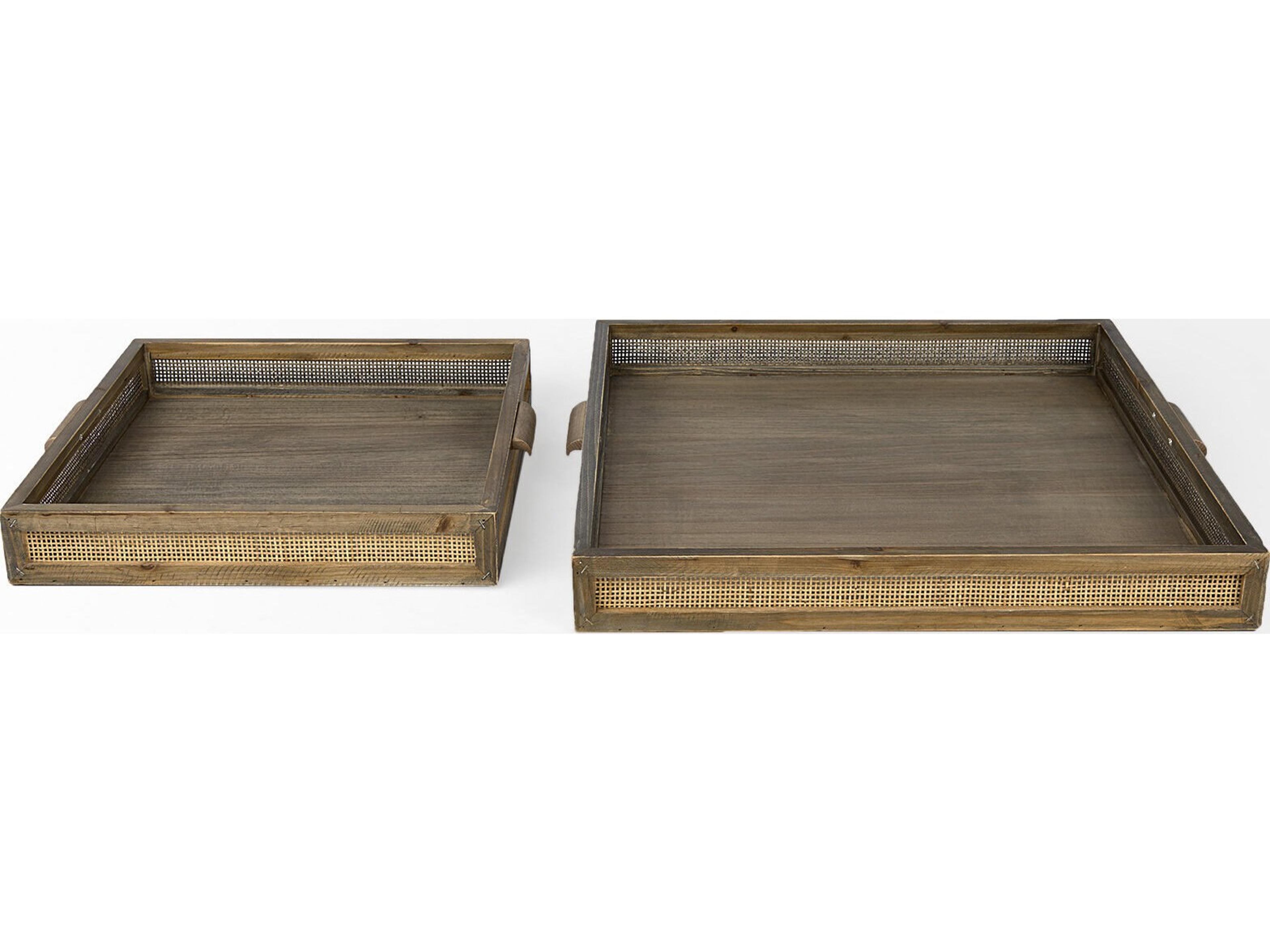 Mercana Sonny 23.6L x 23.6W x 2.0H Set of Two Brown Wood and Wicker Square Trays
