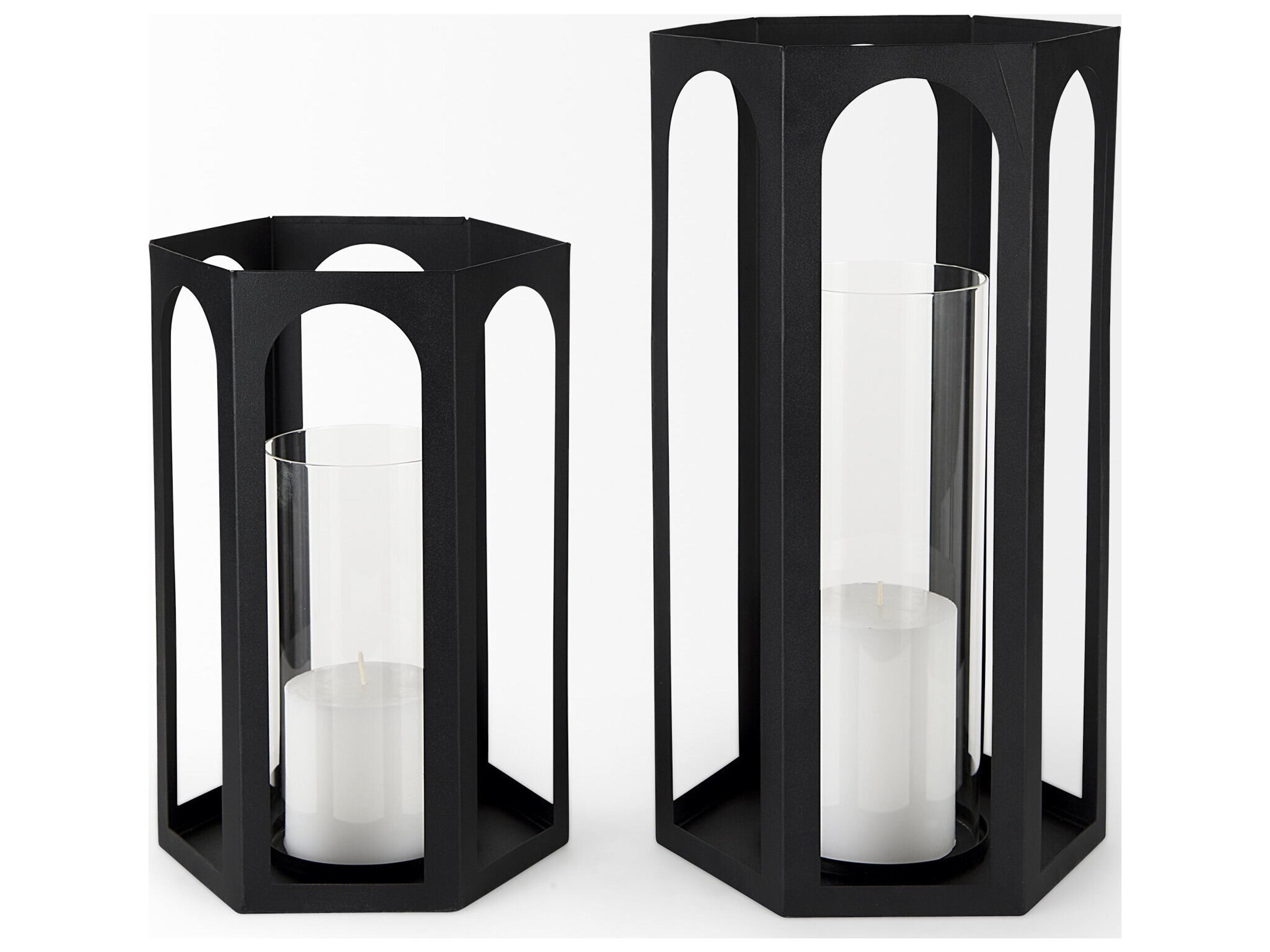 Mercana Balley 9.4L x 9.4W x 19.7H Set of Two Matte Black Metal Hexagonal Candle Holder Lanterns