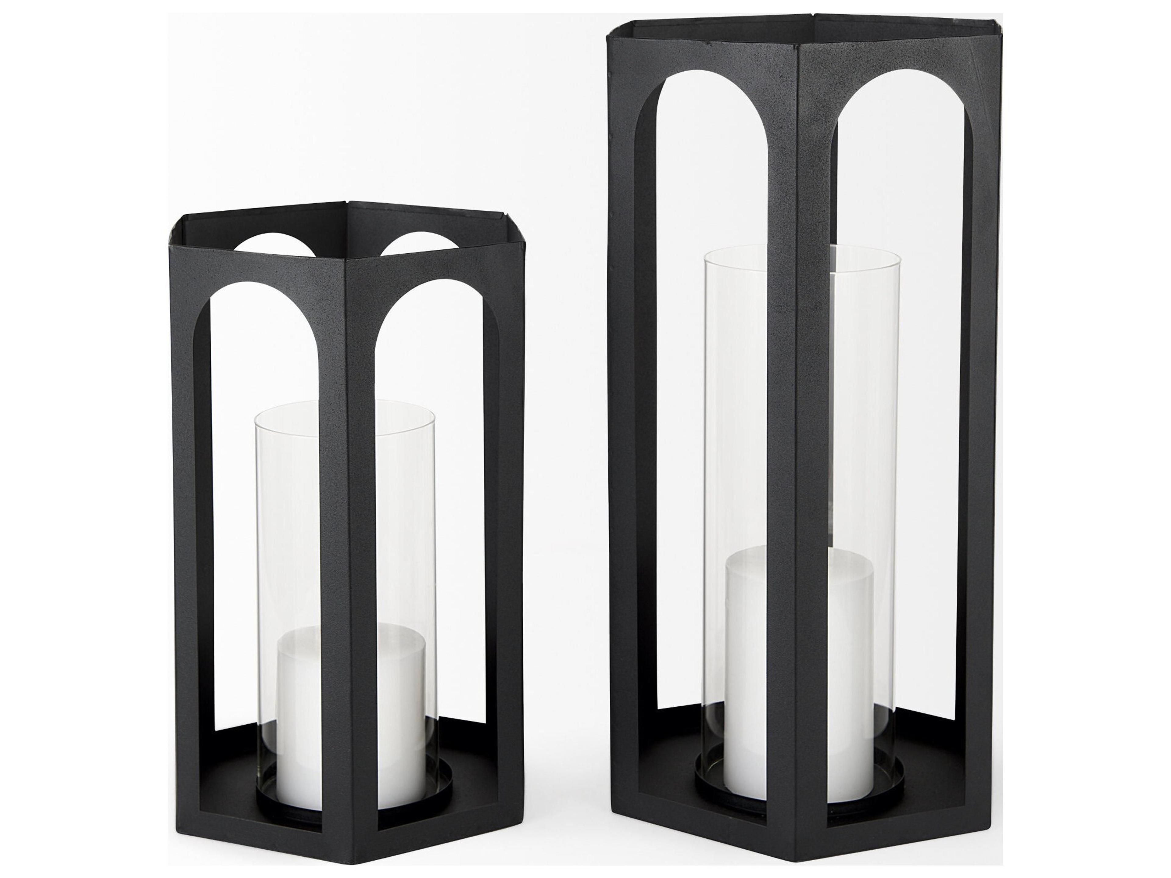 Mercana Balley 9.4L x 9.4W x 19.7H Set of Two Matte Black Metal Hexagonal Candle Holder Lanterns