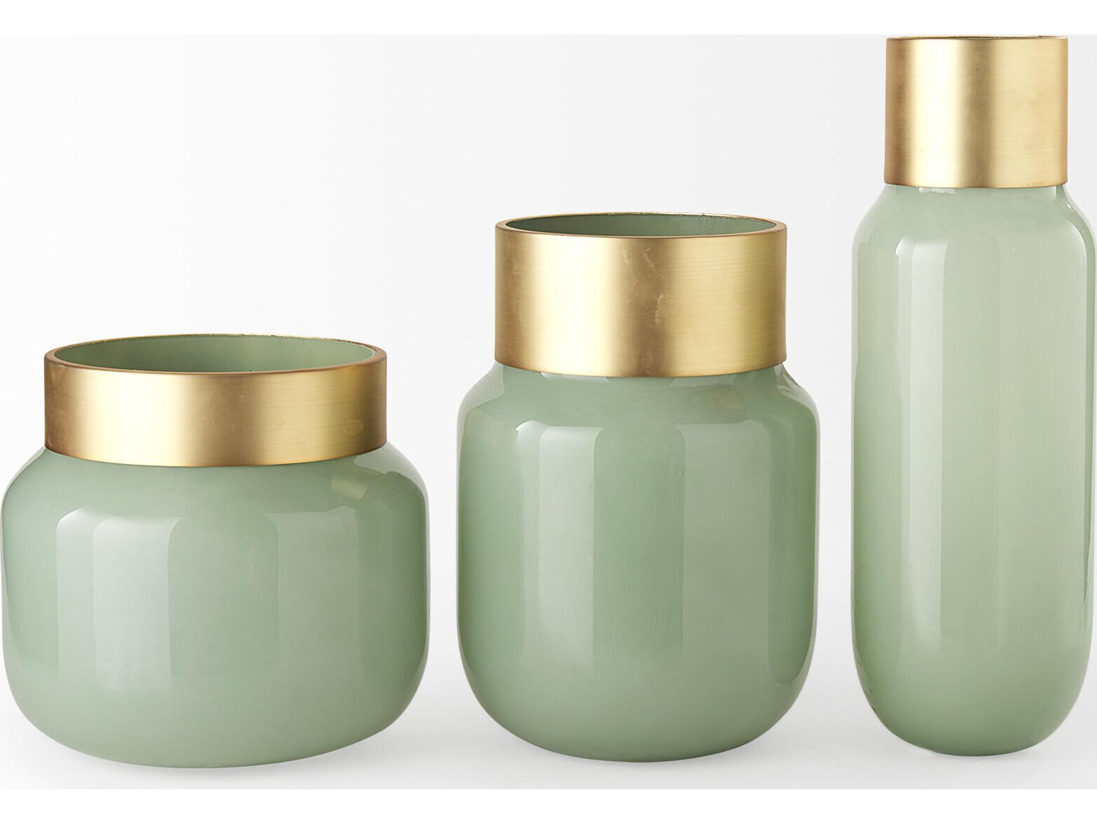 Mercana Minty  9.9L x 9.9W x 9.6H Green Glass Vase W/Matte Gold Metal Neck Cuff