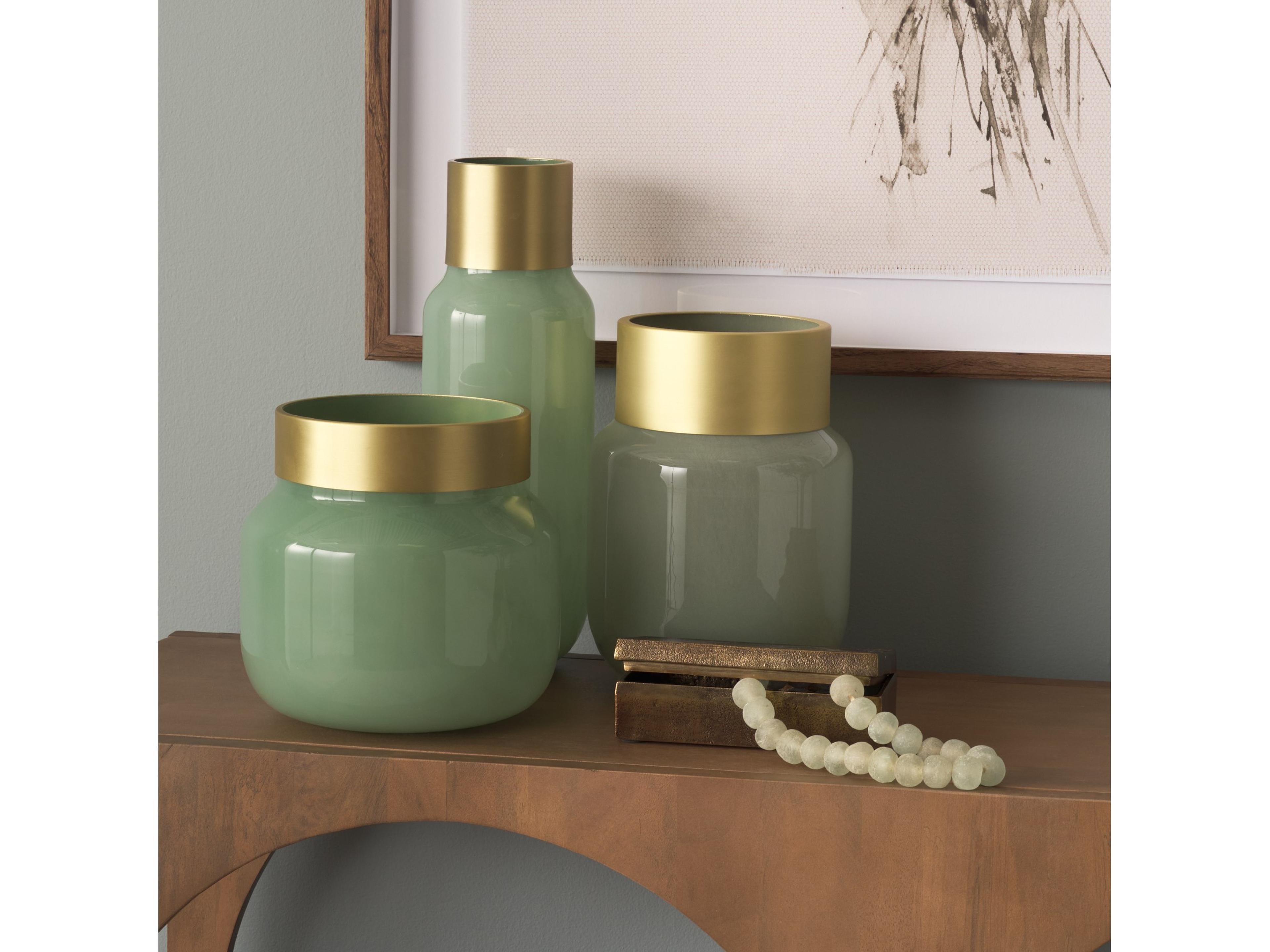 Mercana Minty Medium 8.7L x 8.7W x 12.4H Green Glass Vase W/Matte Gold Metal Neck Cuff