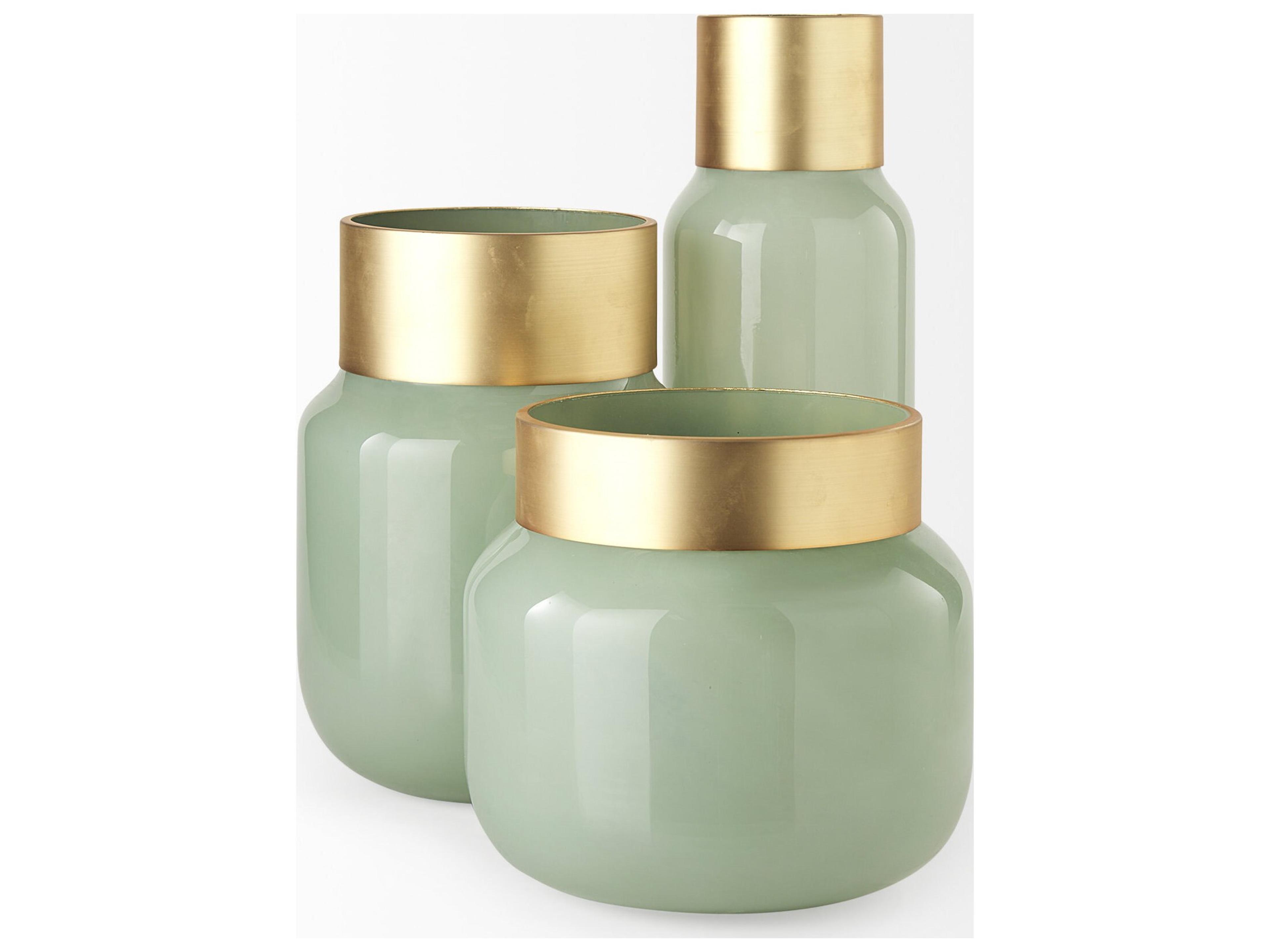 Mercana Minty  5.7L x 5.7W x 16.8H Green Glass Vase W/Matte Gold Metal Neck Cuff