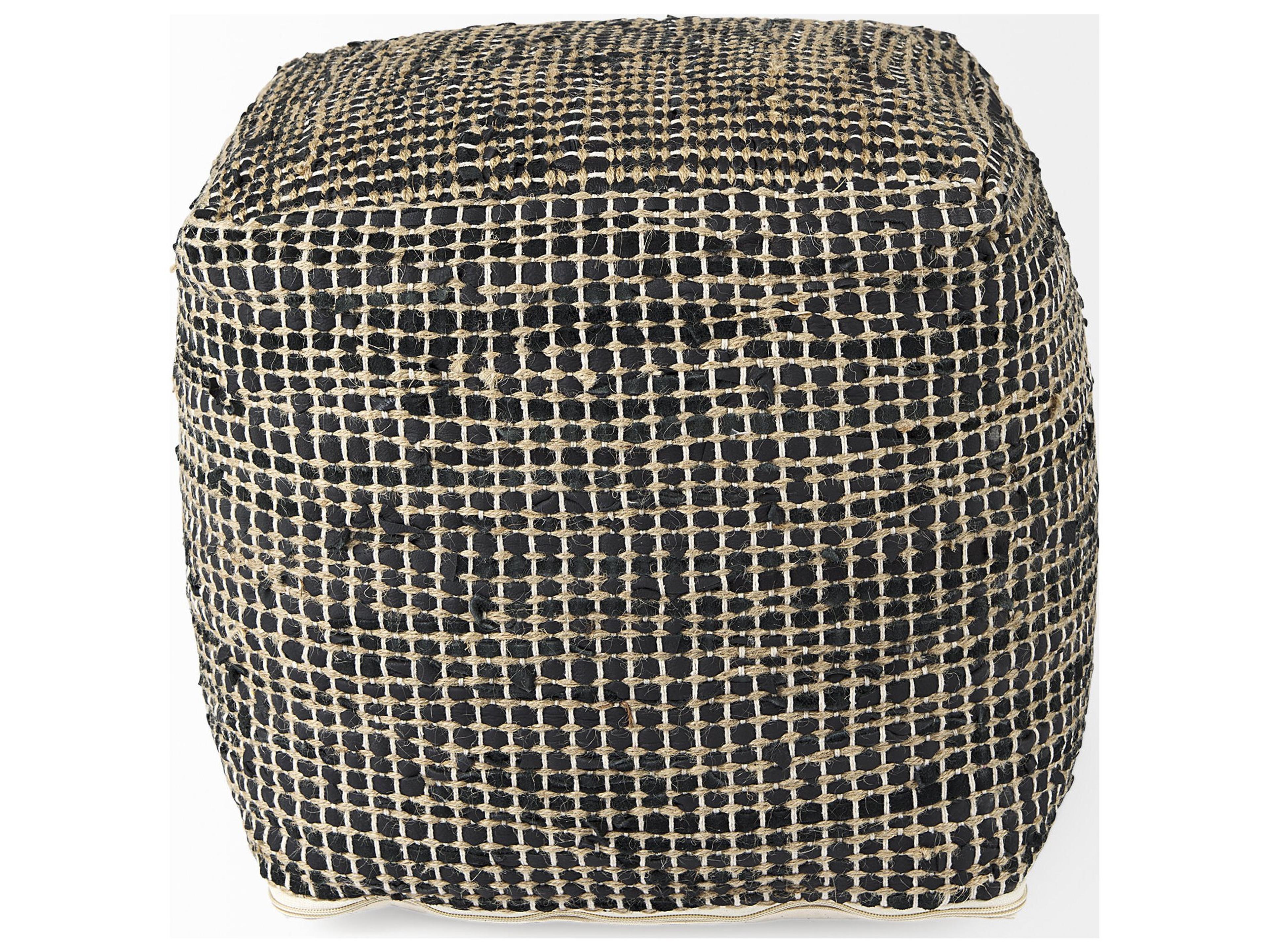 Mercana Aalia 16.0L x 16.0W x 16.0H Charcoal Leather and Jute Pouf