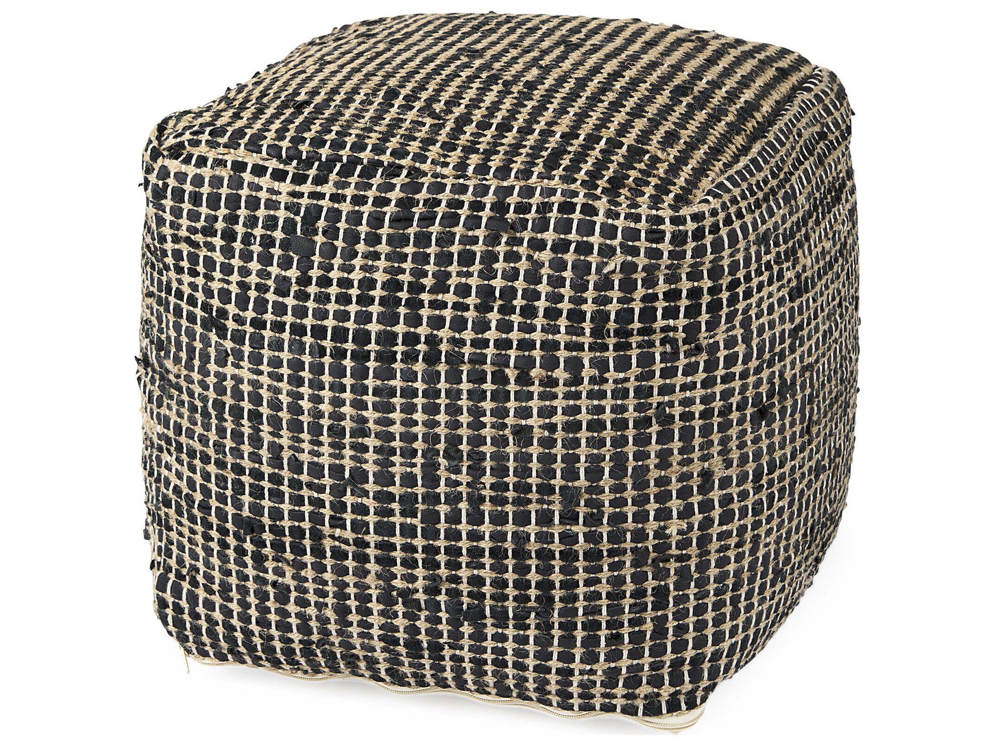Aalia 16.0L x 16.0W x 16.0H Charcoal Leather and Jute Pouf