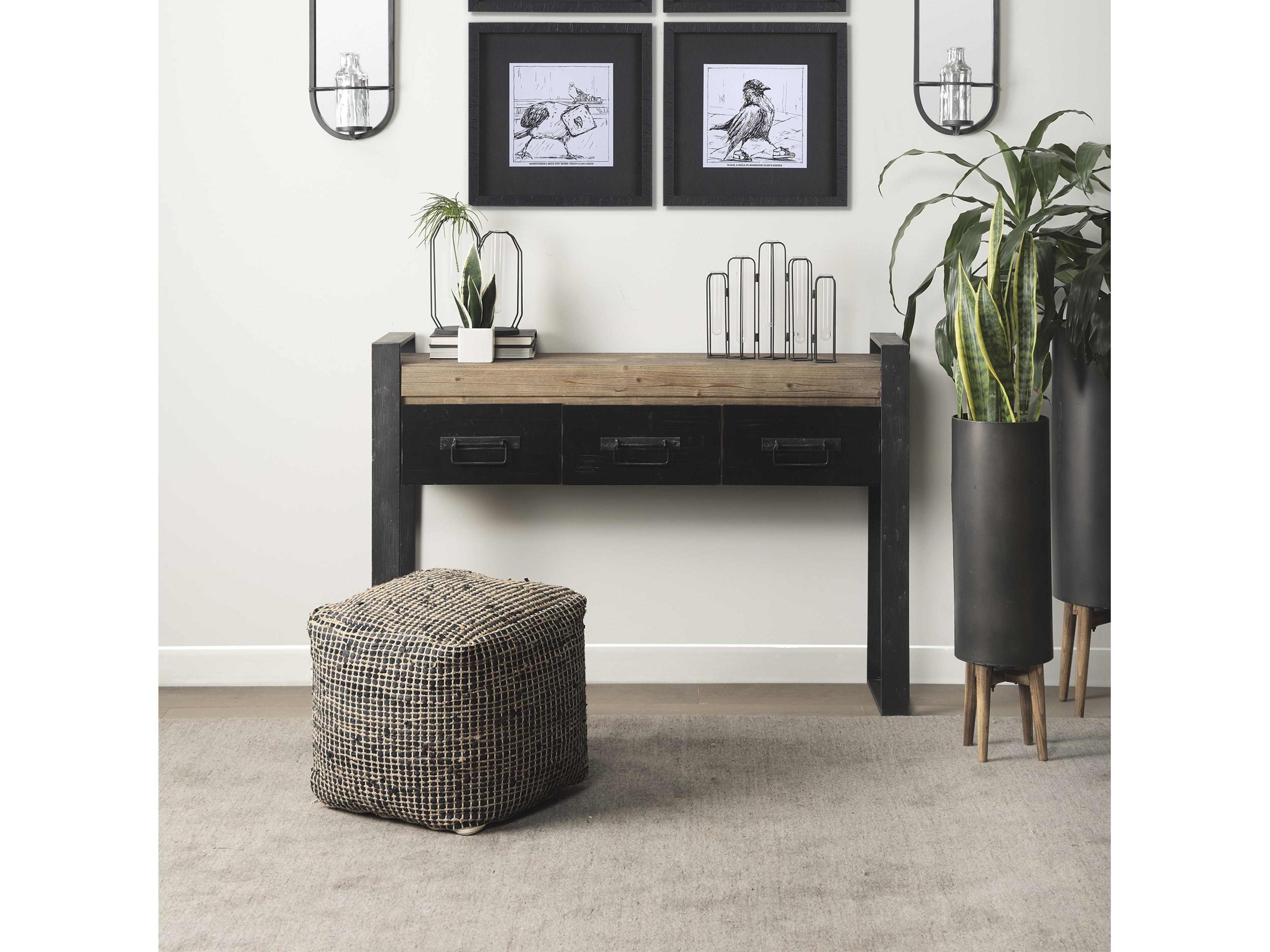 Mercana Aalia 16.0L x 16.0W x 16.0H Charcoal Leather and Jute Pouf