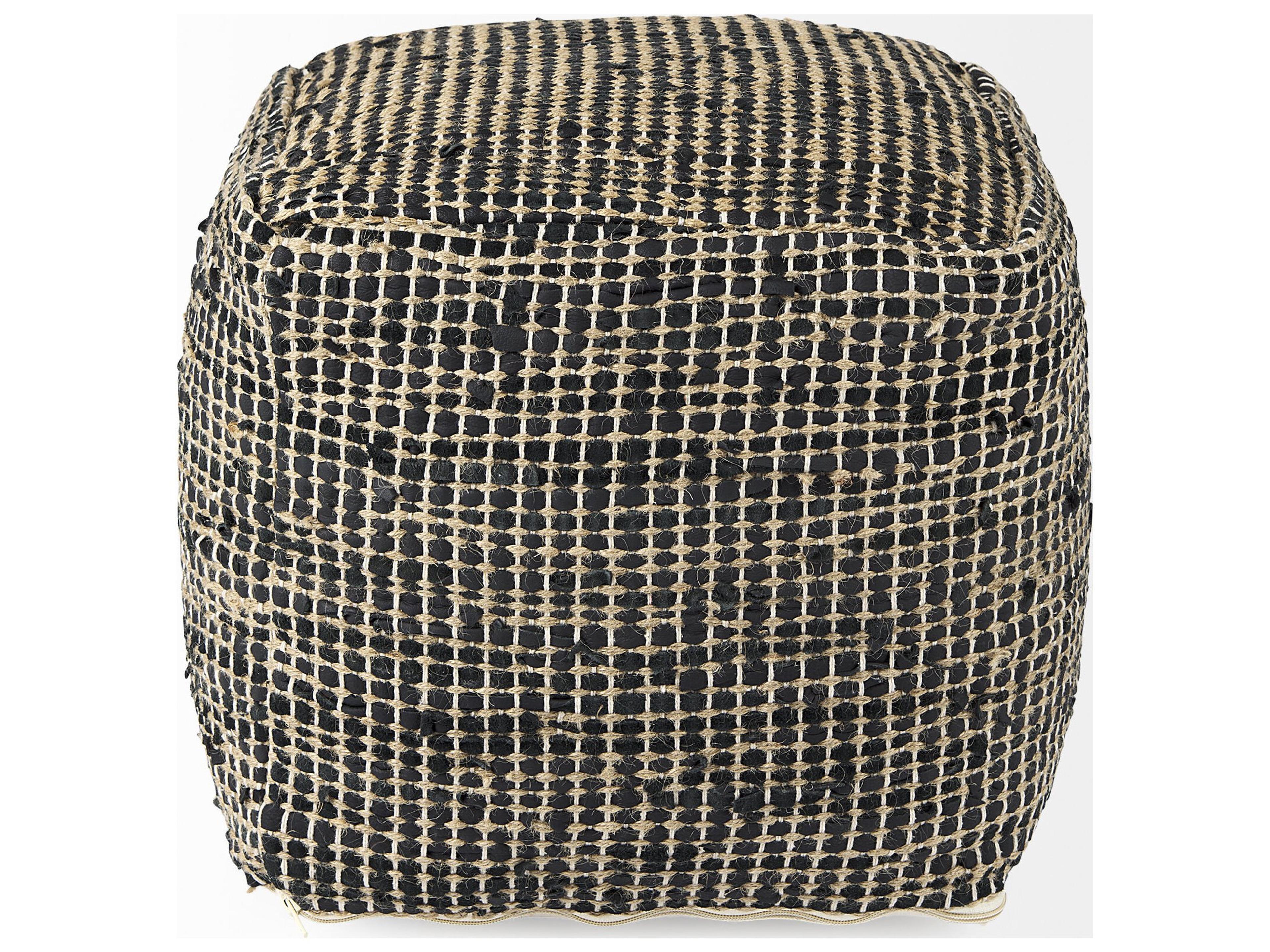 Mercana Aalia 16.0L x 16.0W x 16.0H Charcoal Leather and Jute Pouf