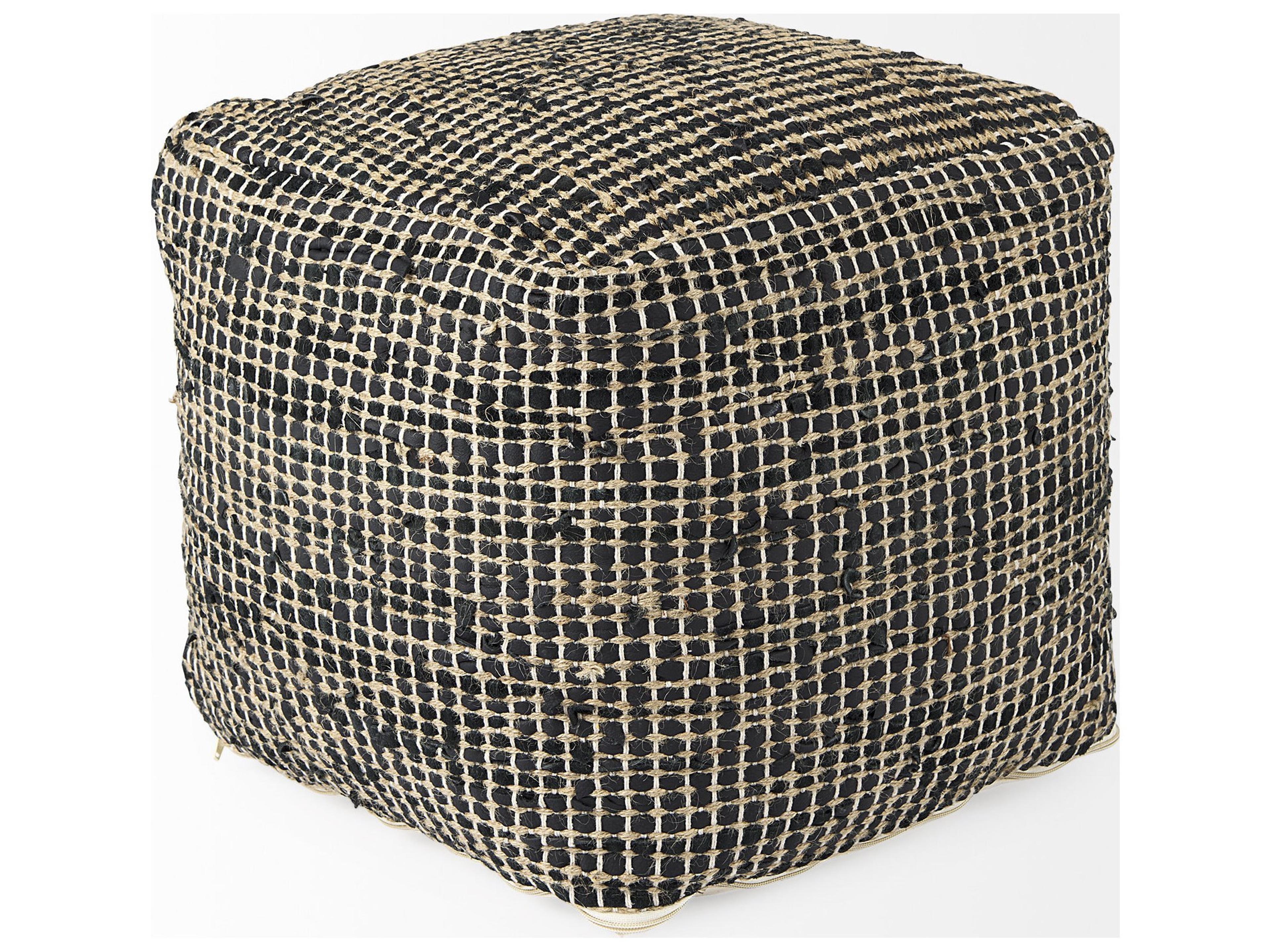 Mercana Aalia 16.0L x 16.0W x 16.0H Charcoal Leather and Jute Pouf