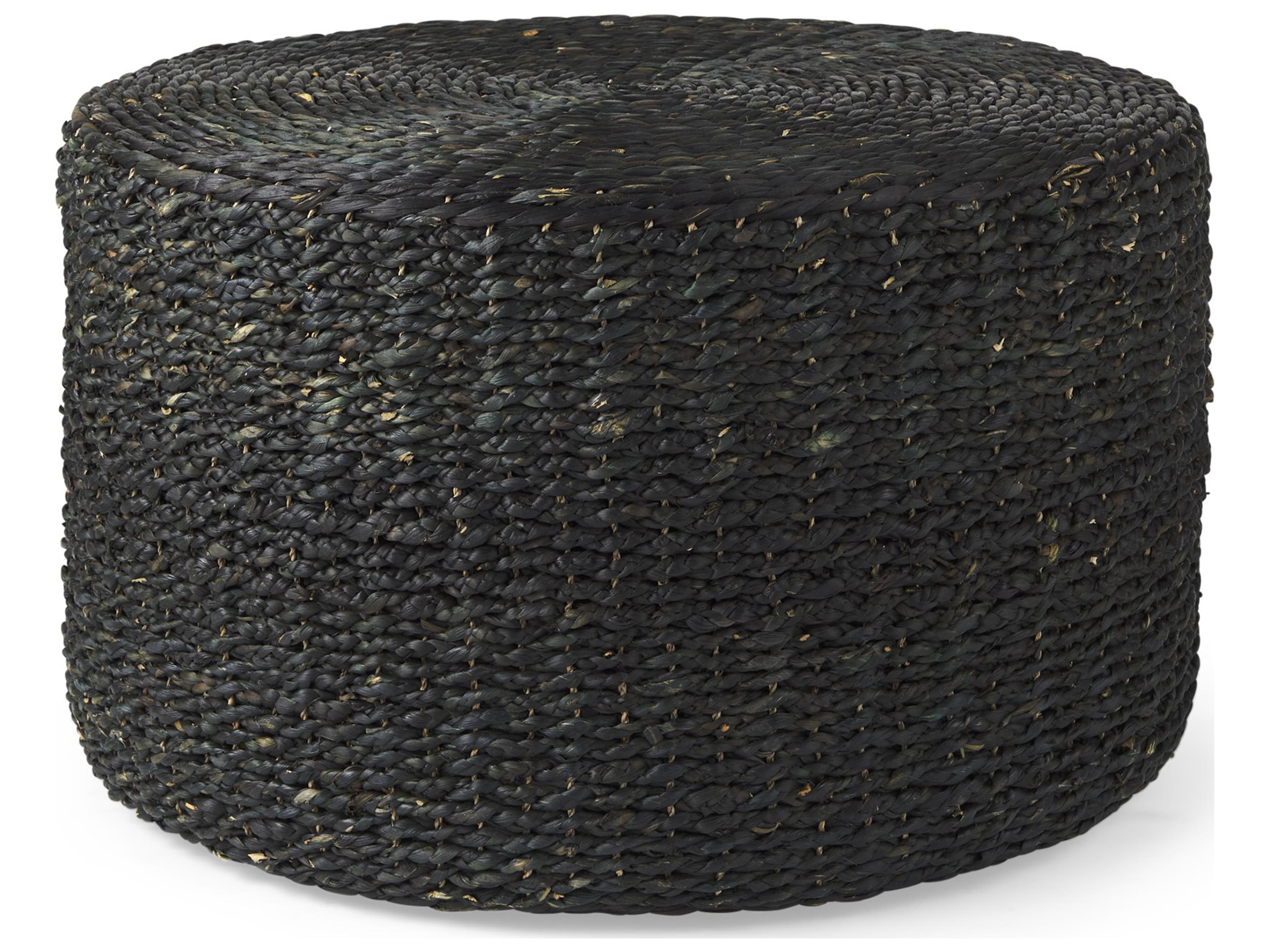 Dina 75L x 75W x 45H Black Cornhusk and Water Hyacinth Round Coffee Table Pouf