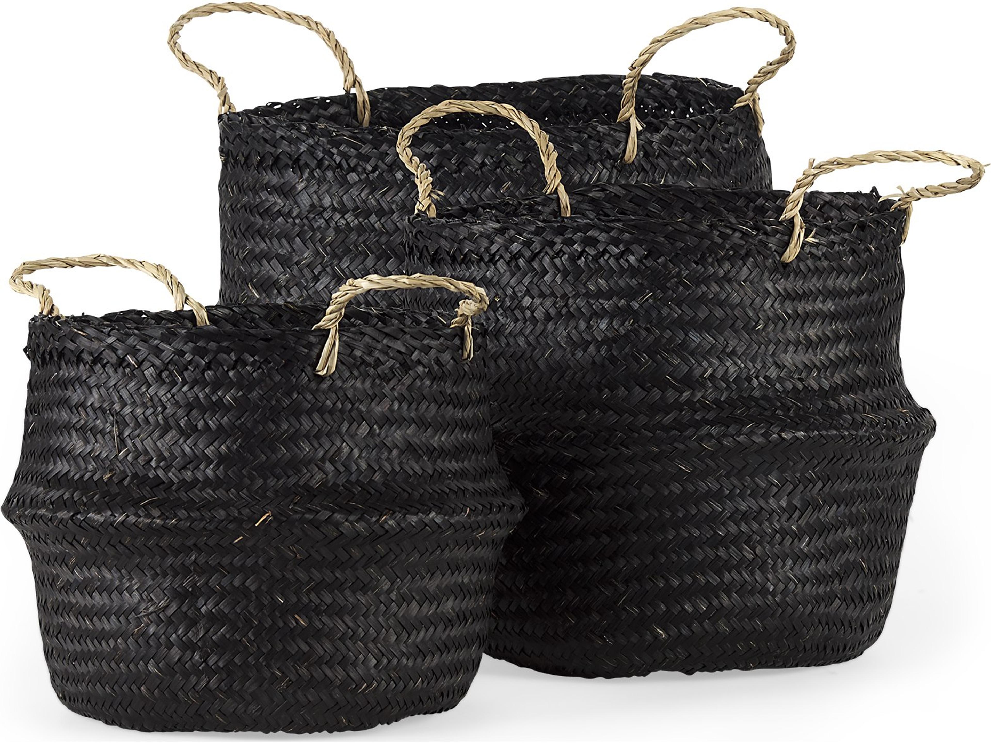 Mercana Ella 9.8L x 9.8W x 11.0H (Set of 3) Black Seagrass Basket W/ Light Brown Handles