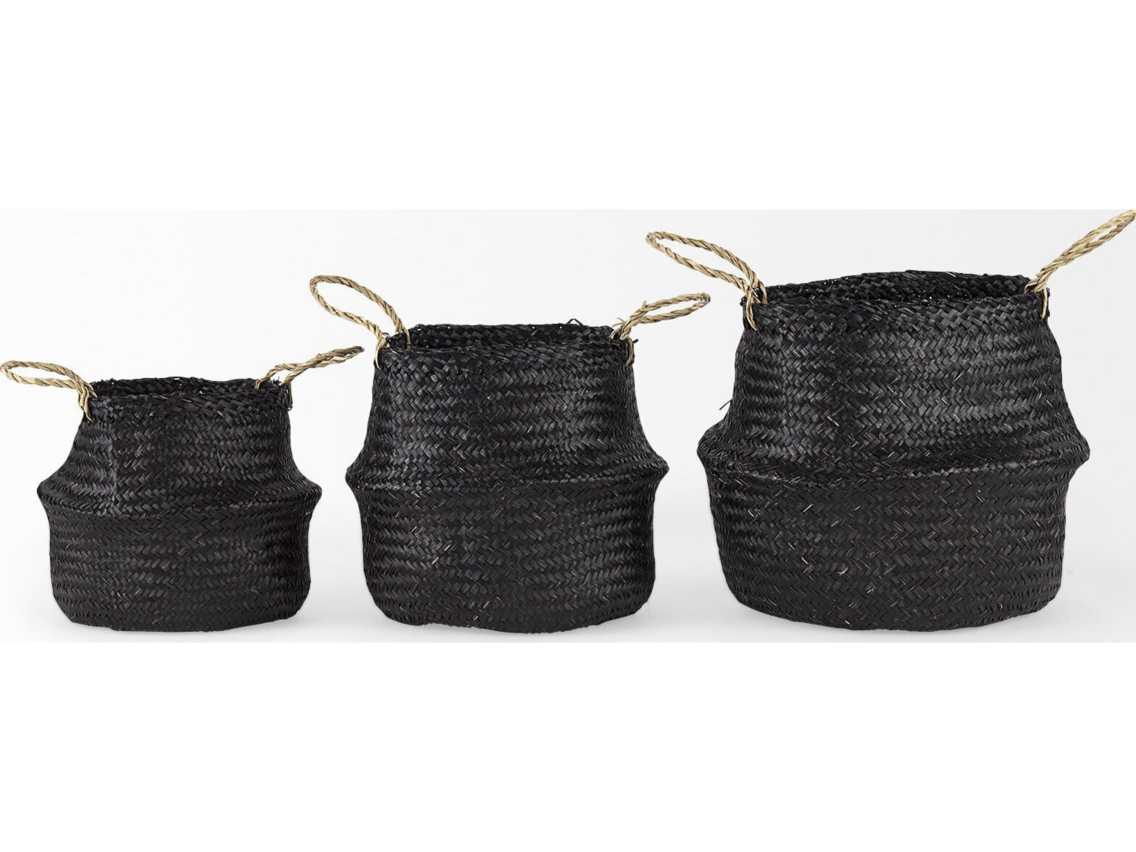 Mercana Ella 9.8L x 9.8W x 11.0H (Set of 3) Black Seagrass Basket W/ Light Brown Handles