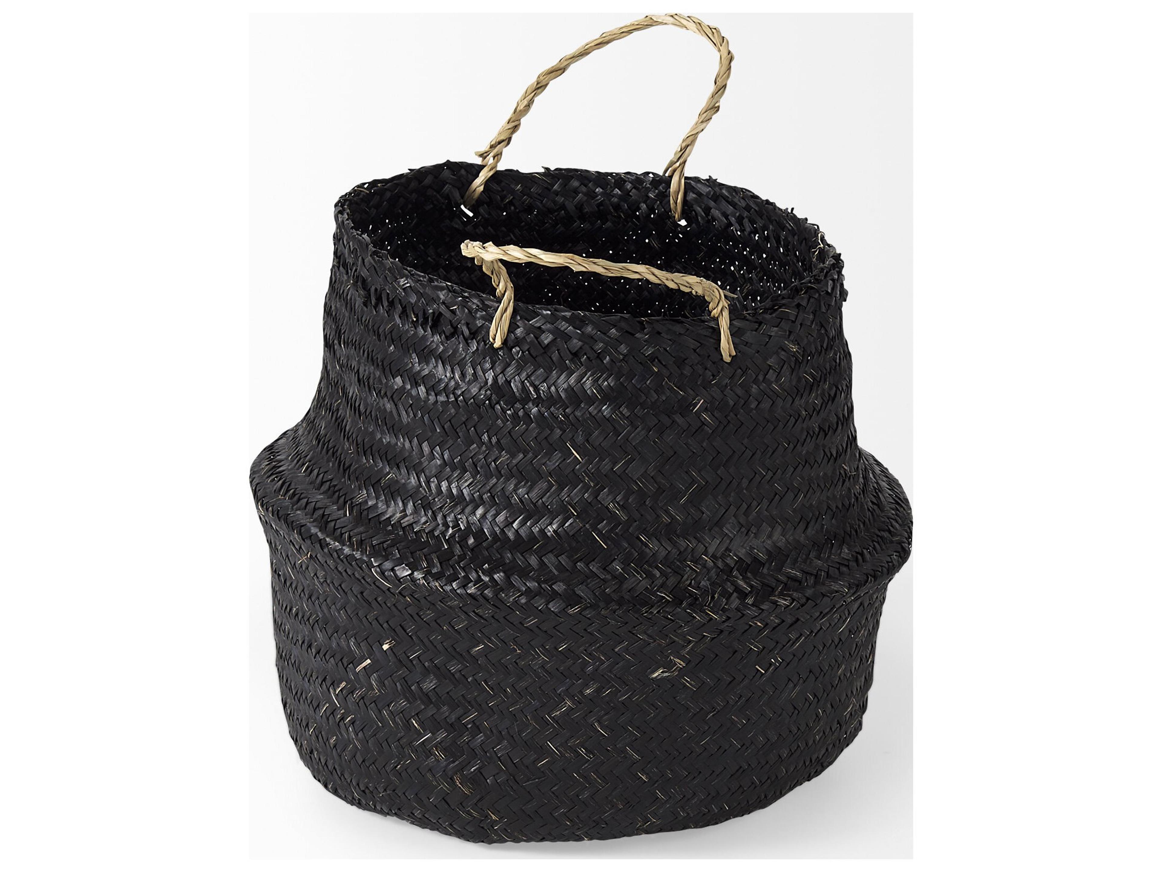 Mercana Ella 9.8L x 9.8W x 11.0H (Set of 3) Black Seagrass Basket W/ Light Brown Handles