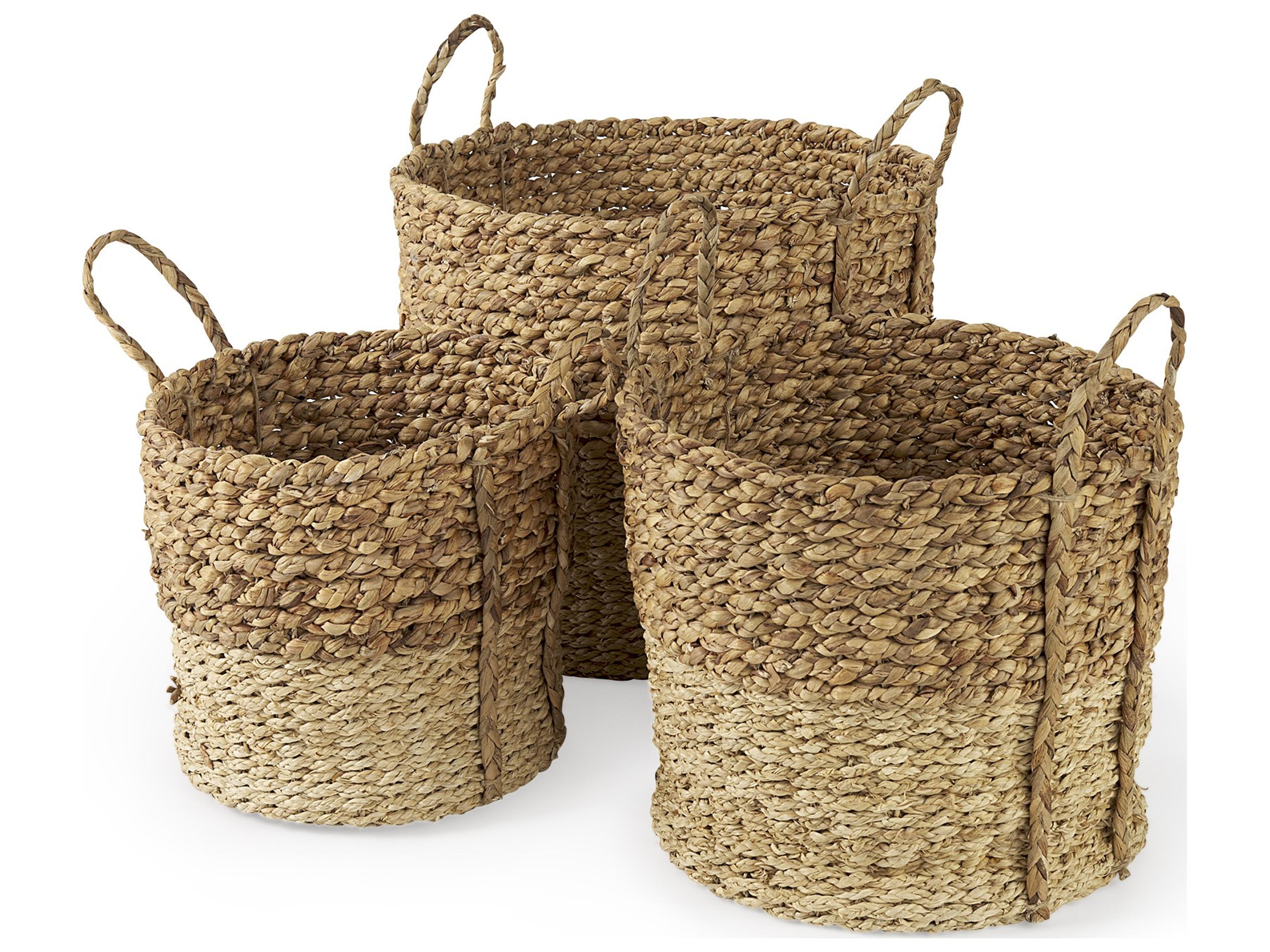 Mercana Morocco 15.7L x 15.7 (Set of 3) Brown Two Tone Water Hyacinth and Cornhusk Round Basket W/ Handles